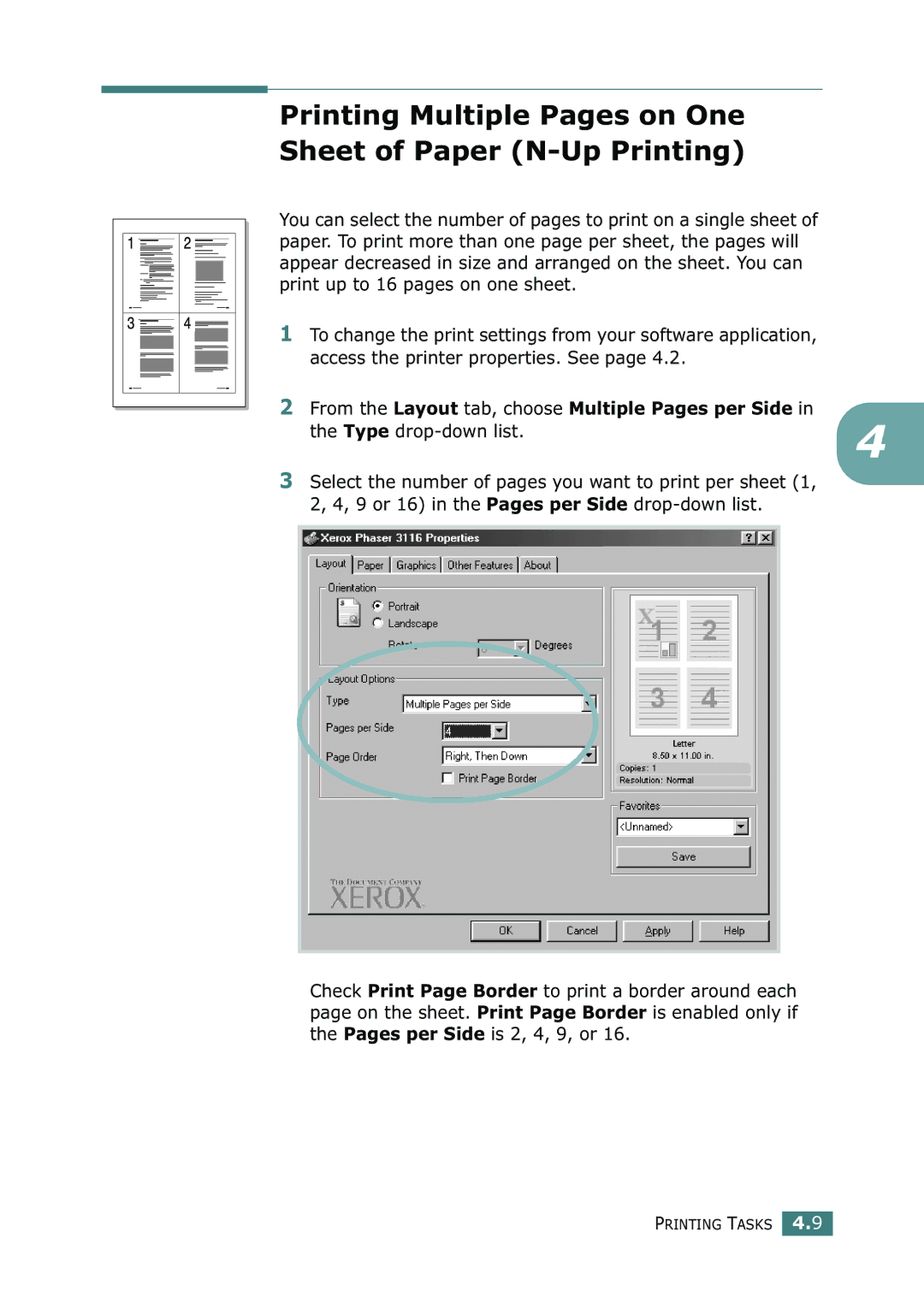 Xerox 3116 manual Printing Multiple Pages on One Sheet of Paper N-Up Printing 