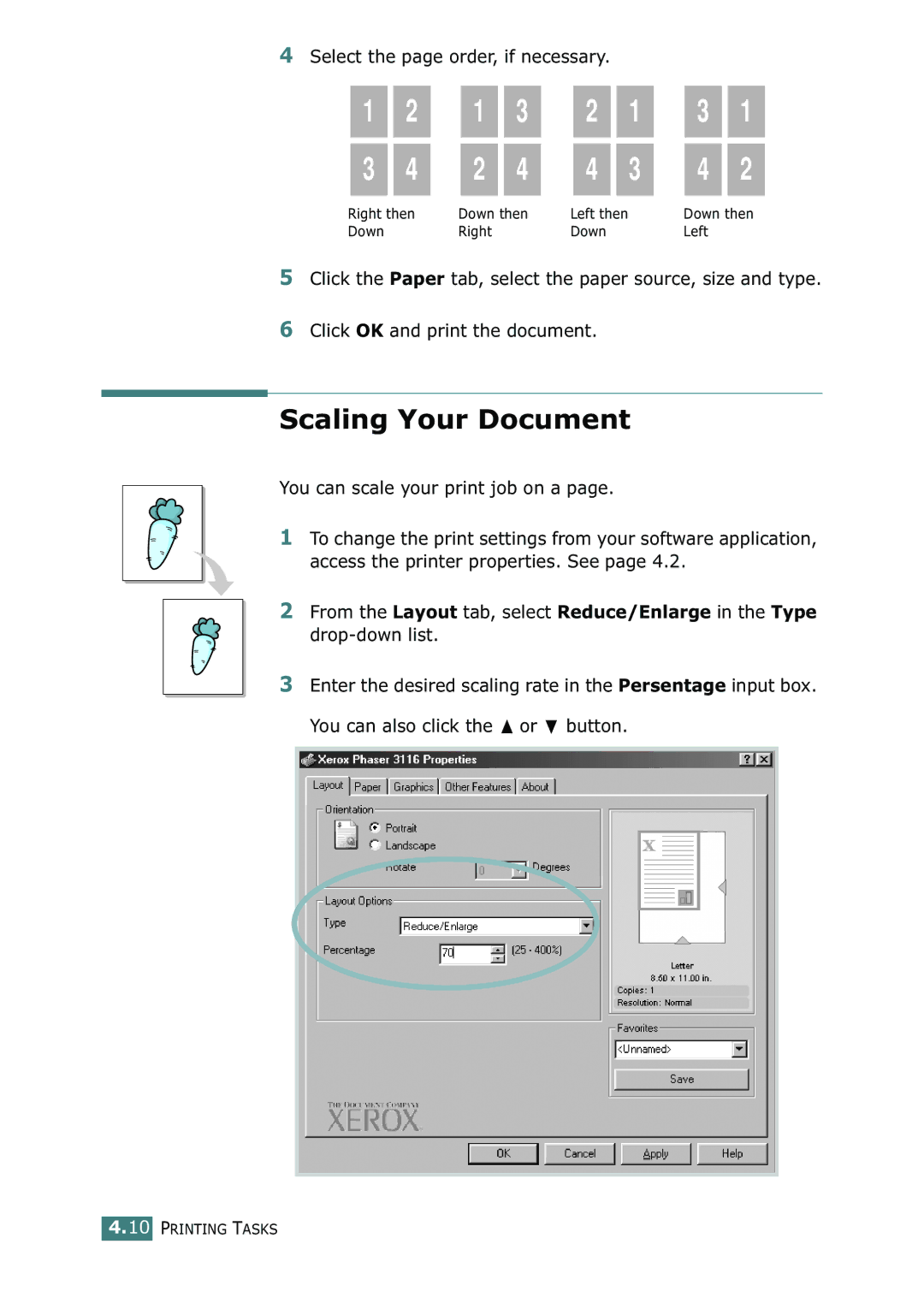 Xerox 3116 manual Scaling Your Document, Select the page order, if necessary 