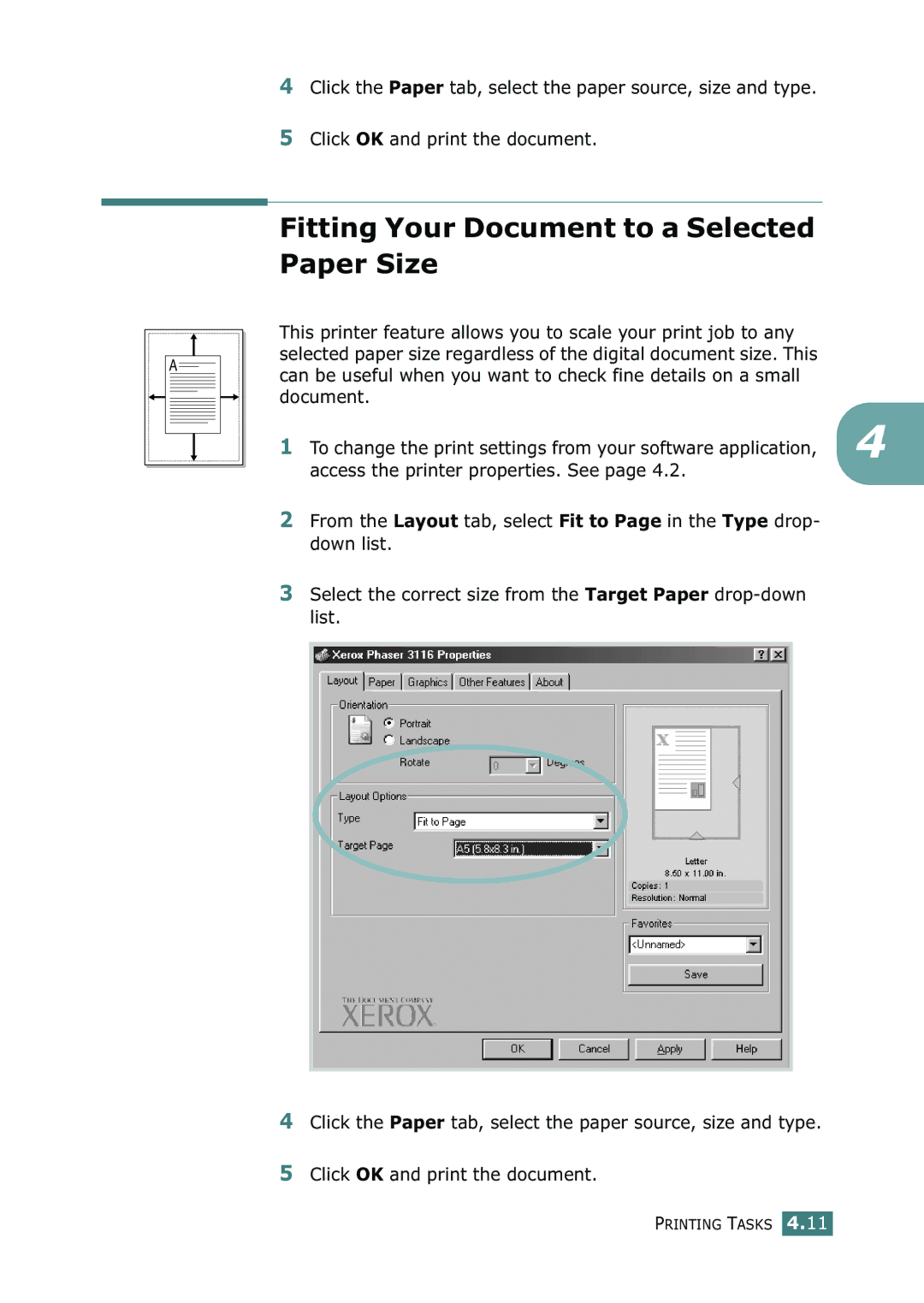 Xerox 3116 manual Fitting Your Document to a Selected Paper Size 