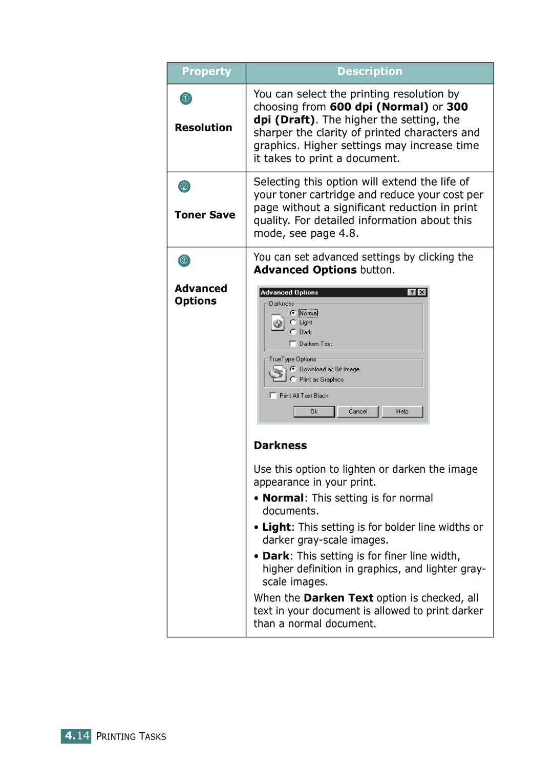 Xerox 3116 manual Resolution, Toner Save, Advanced Options Darkness 