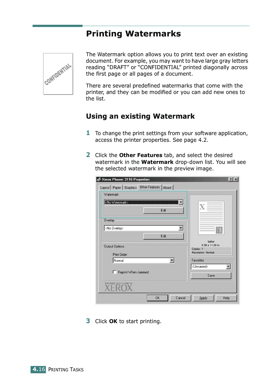 Xerox 3116 manual Printing Watermarks, Using an existing Watermark 