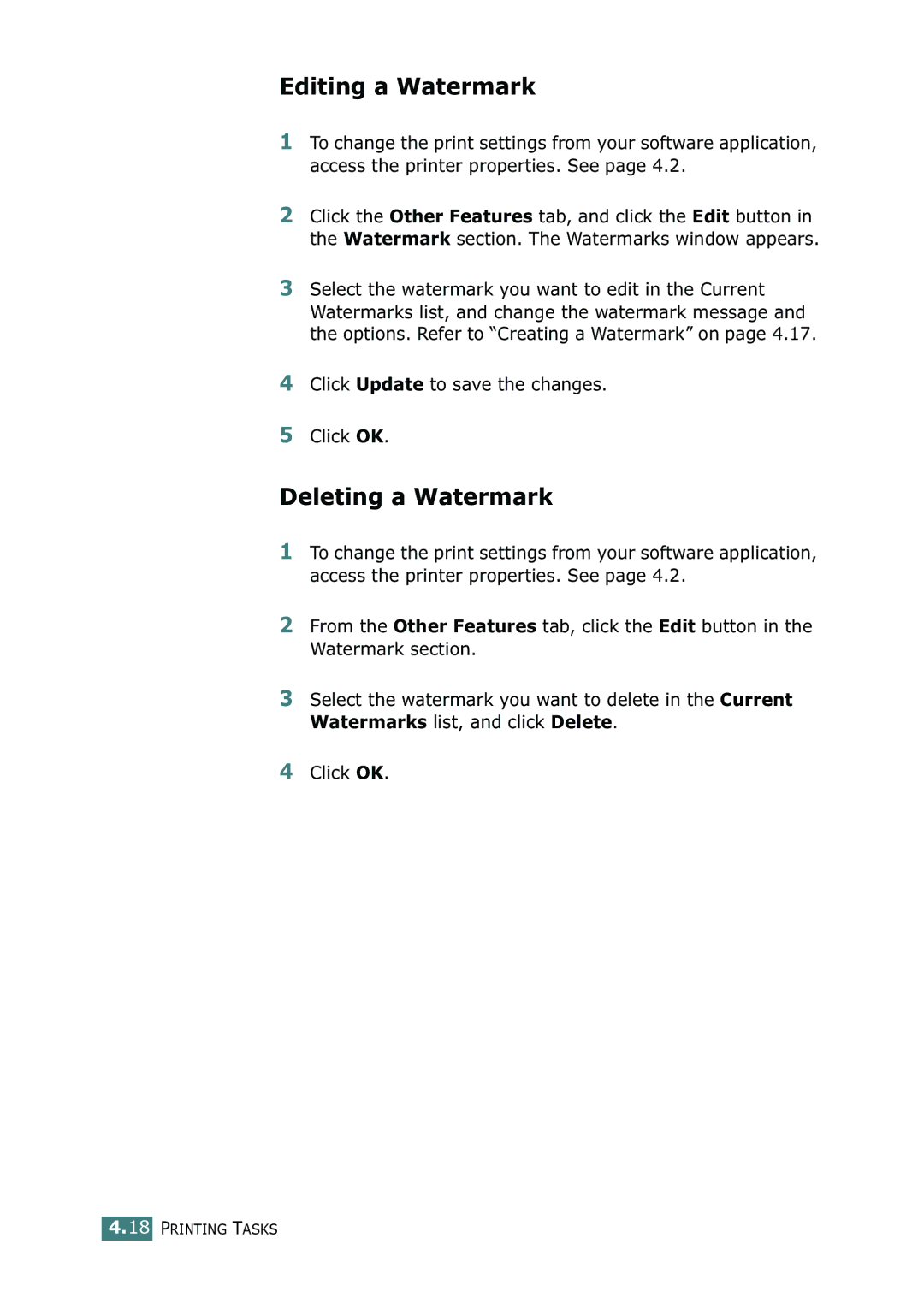 Xerox 3116 manual Editing a Watermark, Deleting a Watermark, Click Update to save the changes Click OK 