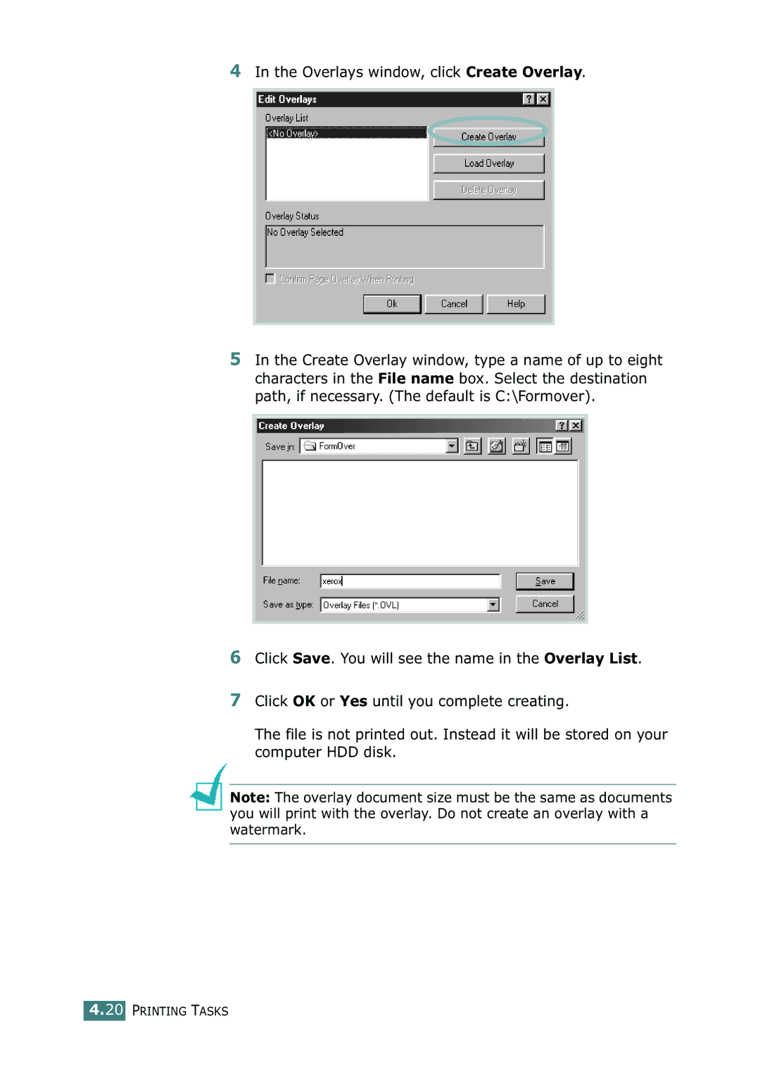 Xerox 3116 manual Overlays window, click Create Overlay 