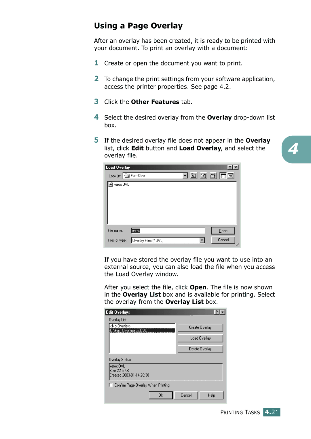 Xerox 3116 manual Using a Page Overlay, Click the Other Features tab 