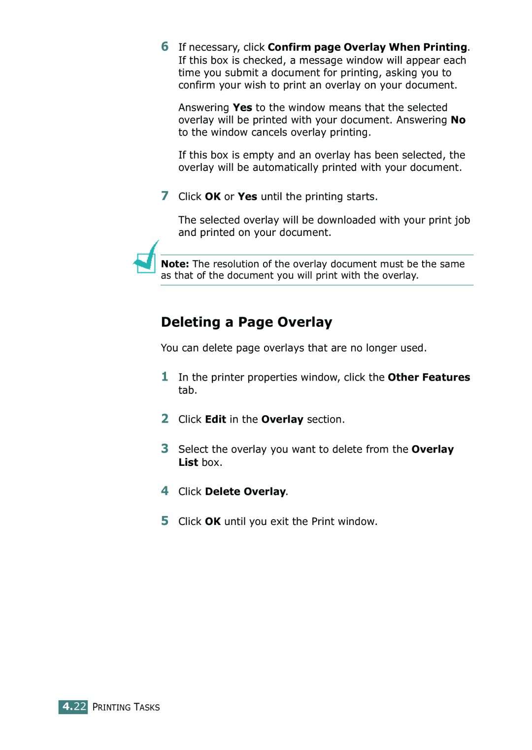 Xerox 3116 manual Deleting a Page Overlay, Click Delete Overlay, Click OK until you exit the Print window 