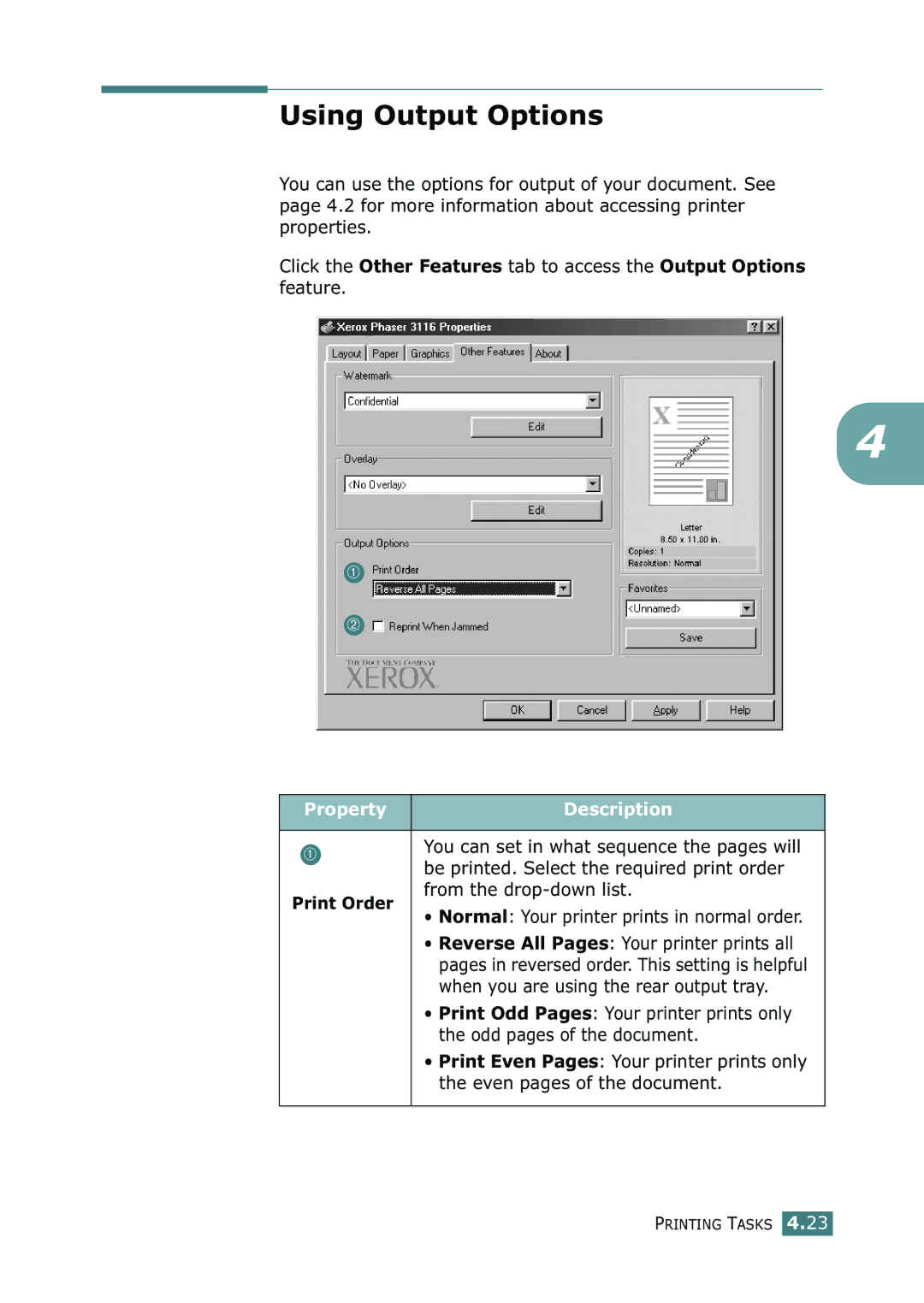 Xerox 3116 manual Using Output Options, From the drop-down list, Print Order, Normal Your printer prints in normal order 