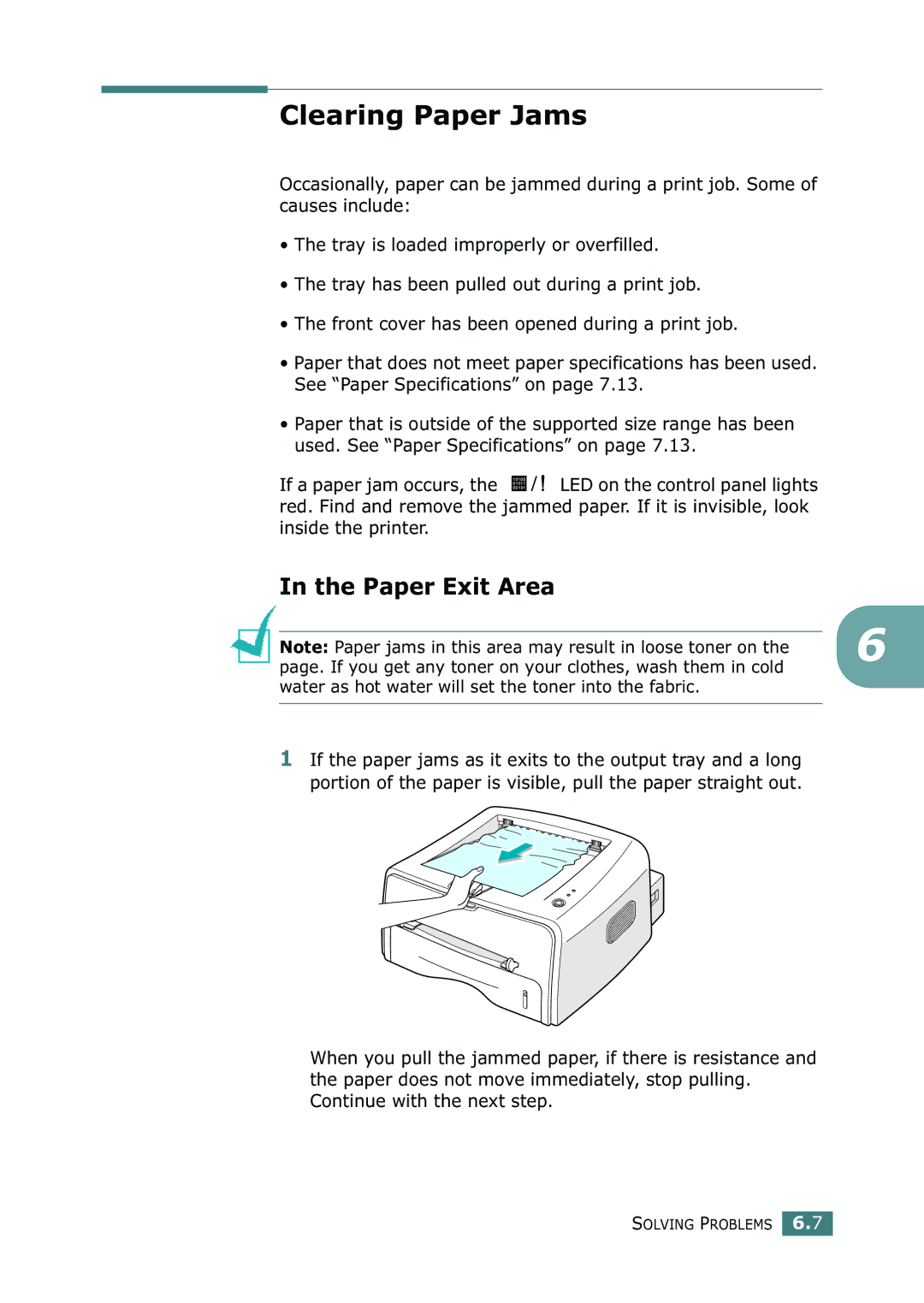 Xerox 3116 manual Clearing Paper Jams, Paper Exit Area, Water as hot water will set the toner into the fabric 