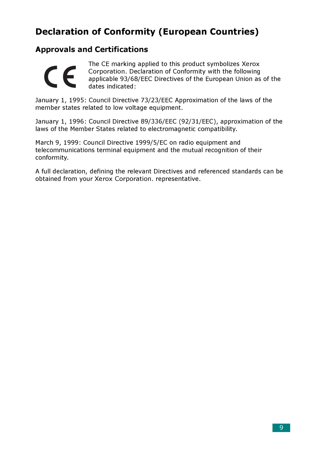 Xerox 3117 manual Declaration of Conformity European Countries 