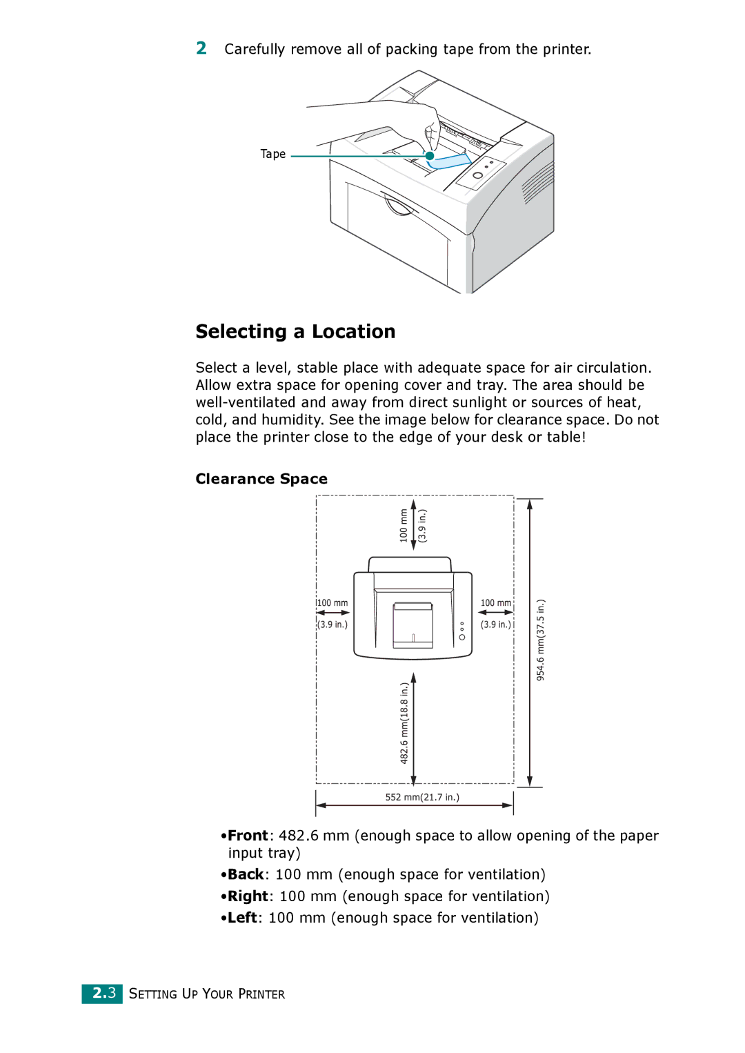 Xerox 3117 manual Selecting a Location, Carefully remove all of packing tape from the printer, Clearance Space 