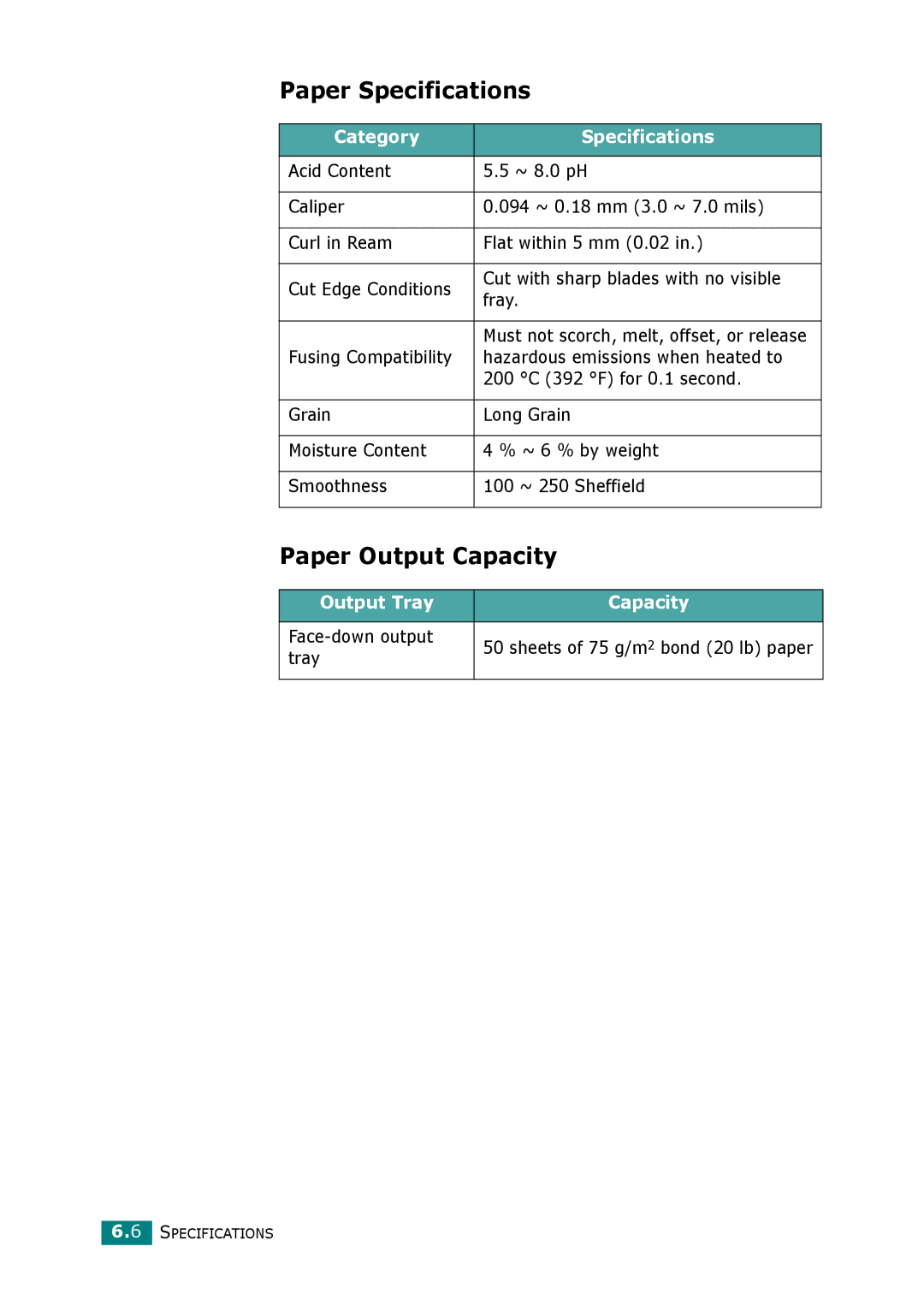 Xerox 3117 Paper Specifications, Paper Output Capacity, Category Specifications, Output Tray Capacity, Face-down output 