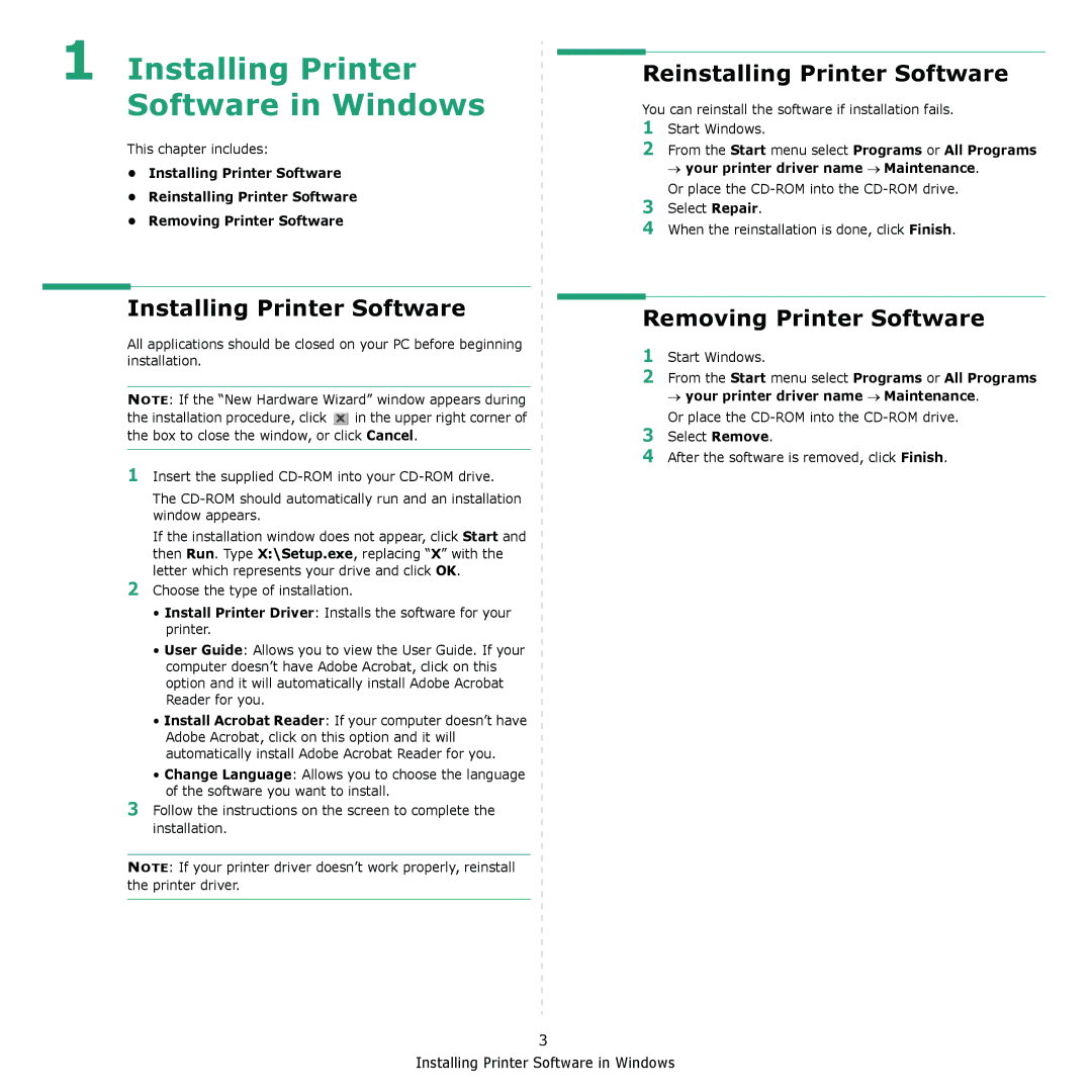 Xerox 3117 manual Reinstalling Printer Software, Removing Printer Software, Installing Printer Software in Windows 