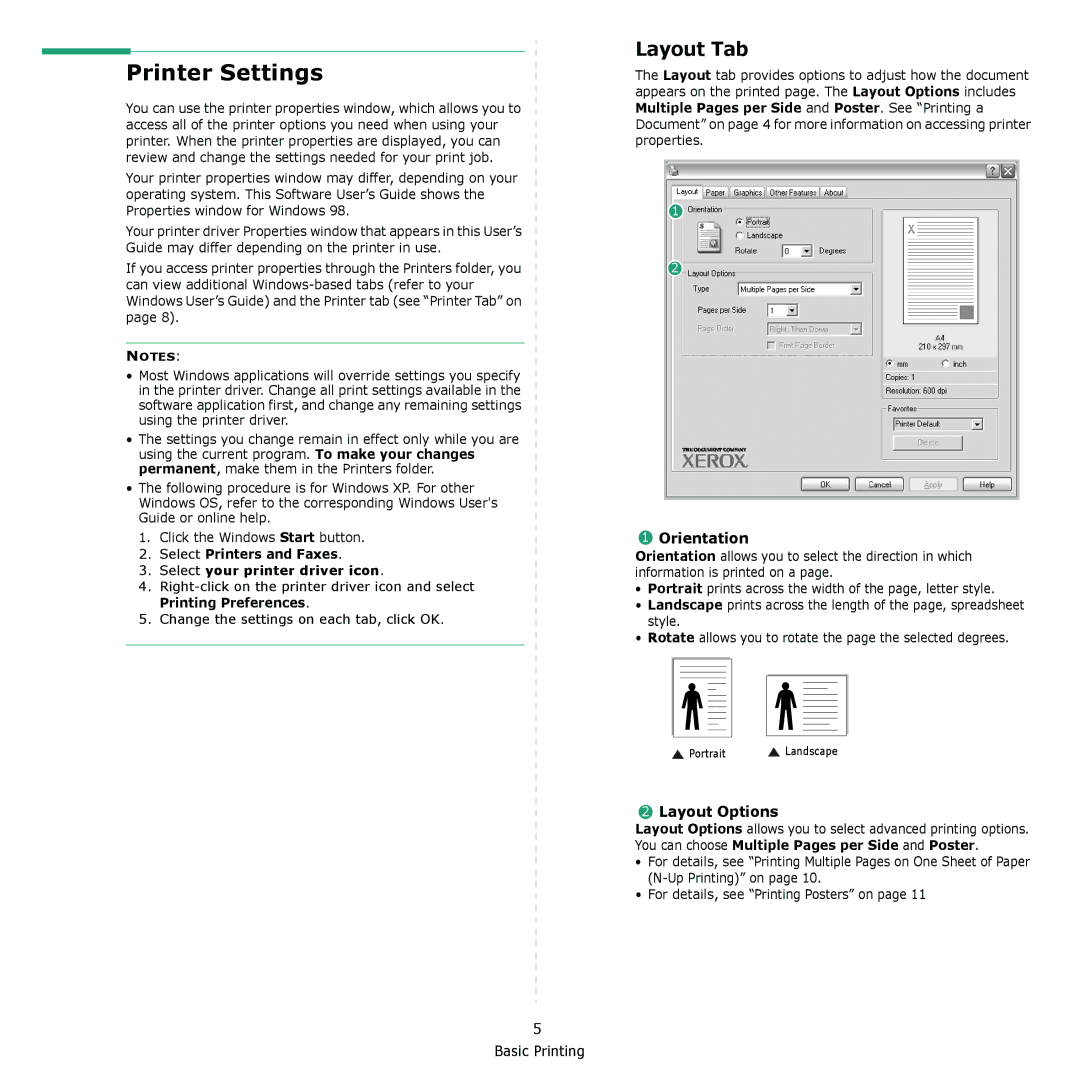 Xerox 3117 manual Printer Settings, Layout Tab, Orientation, Layout Options 