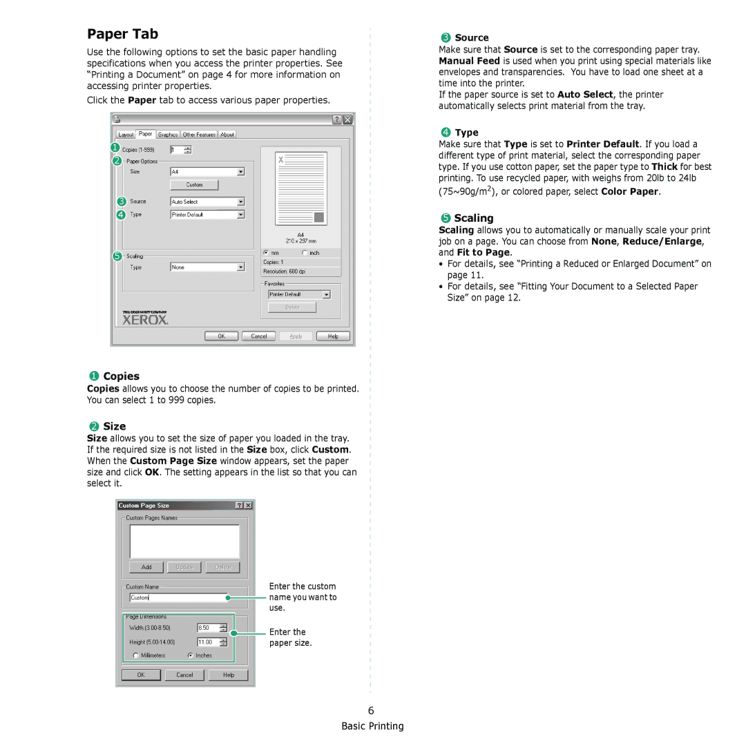 Xerox 3117 manual Paper Tab, Copies, Size, Scaling 