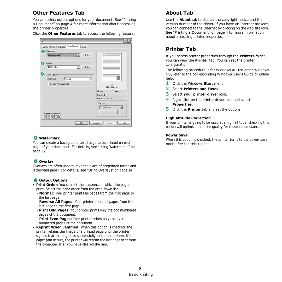 Xerox 3117 manual Other Features Tab, About Tab, Printer Tab 