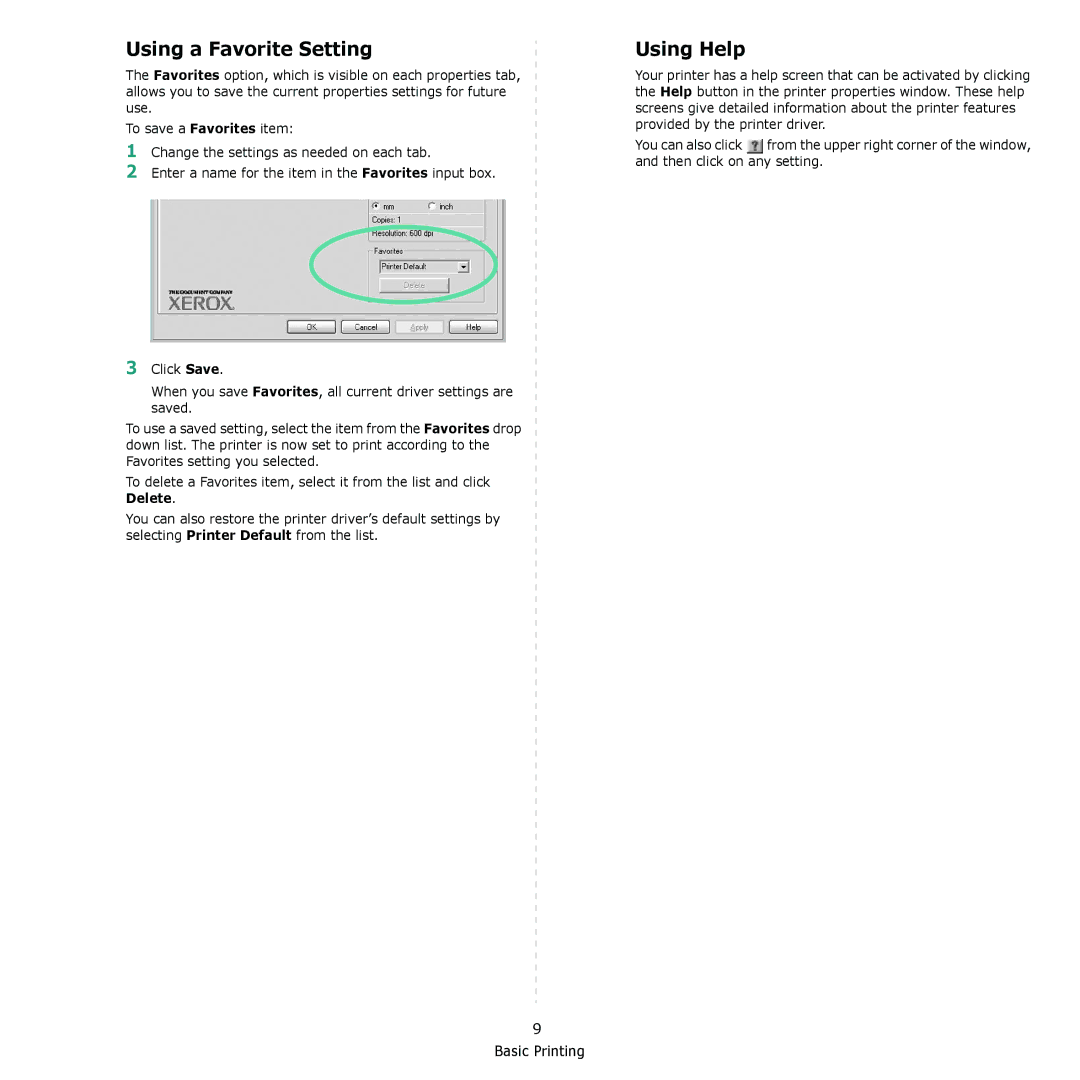 Xerox 3117 manual Using a Favorite Setting, Using Help 