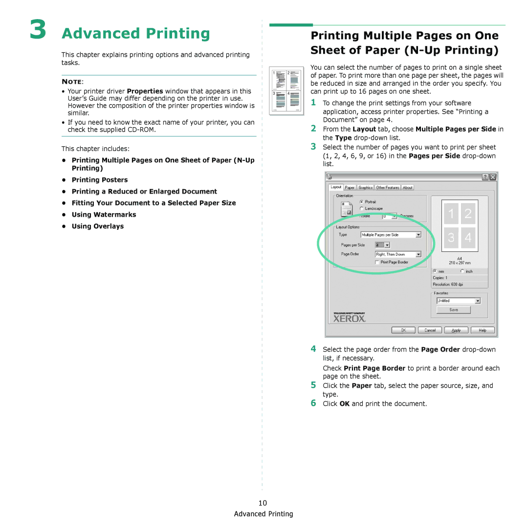 Xerox 3117 manual Advanced Printing, Printing Multiple Pages on One Sheet of Paper N-Up Printing 