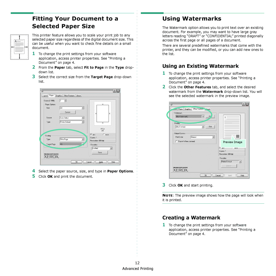 Xerox 3117 manual Fitting Your Document to a Selected Paper Size, Using Watermarks, Using an Existing Watermark 