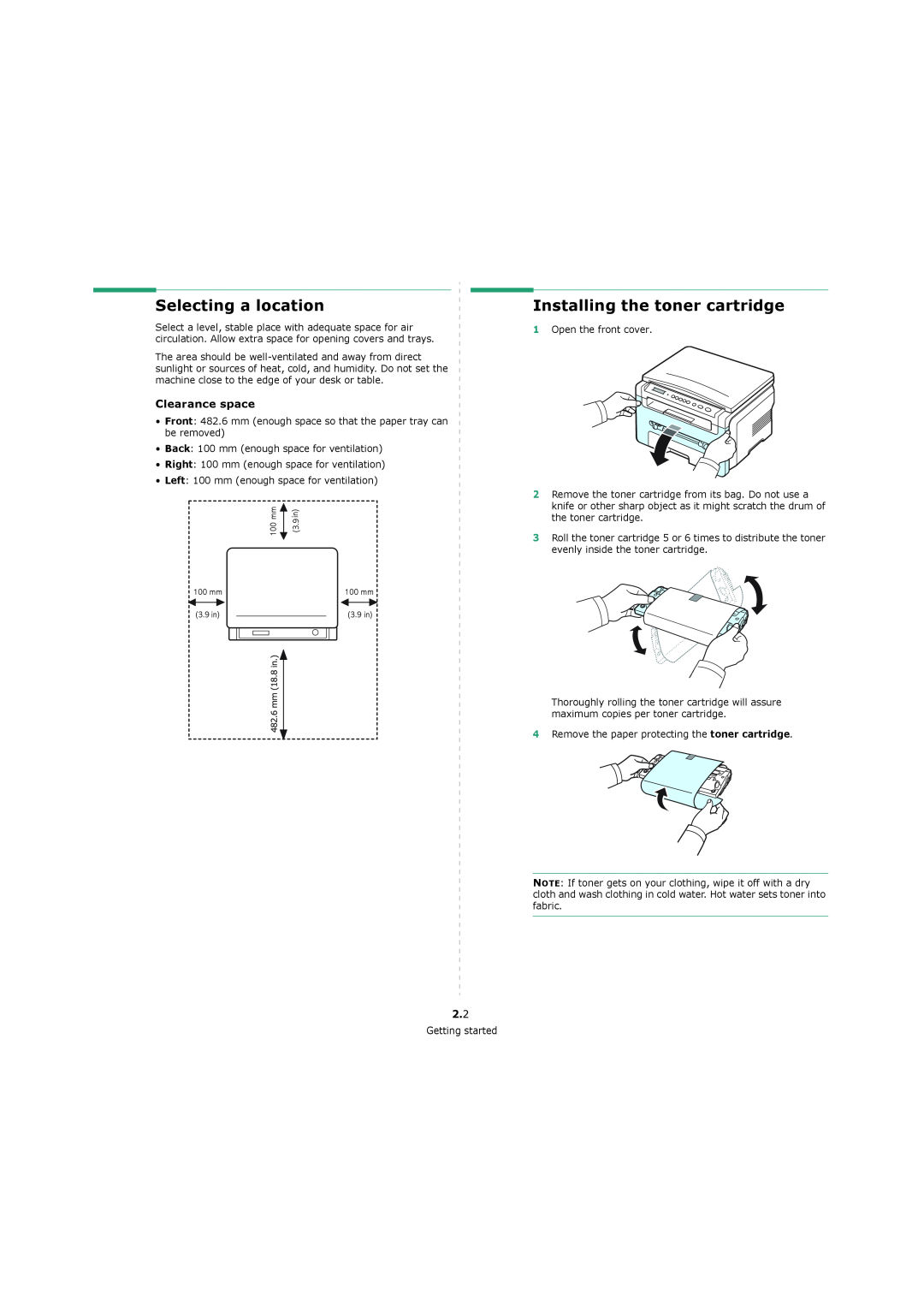 Xerox 3119 manual Selecting a location, Installing the toner cartridge, Clearance space 