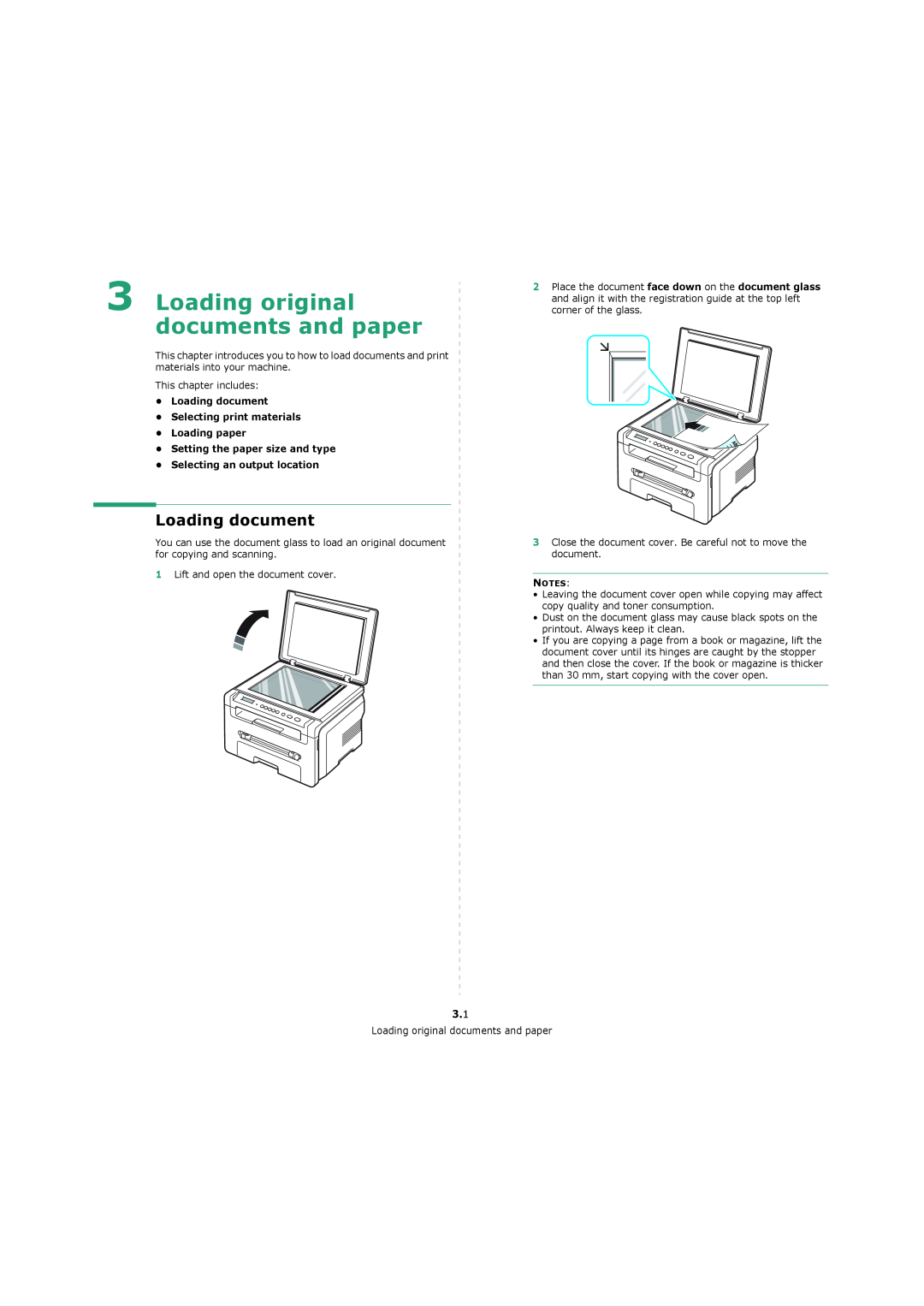 Xerox 3119 manual Loading original documents and paper, •Loading document •Selecting print materials 