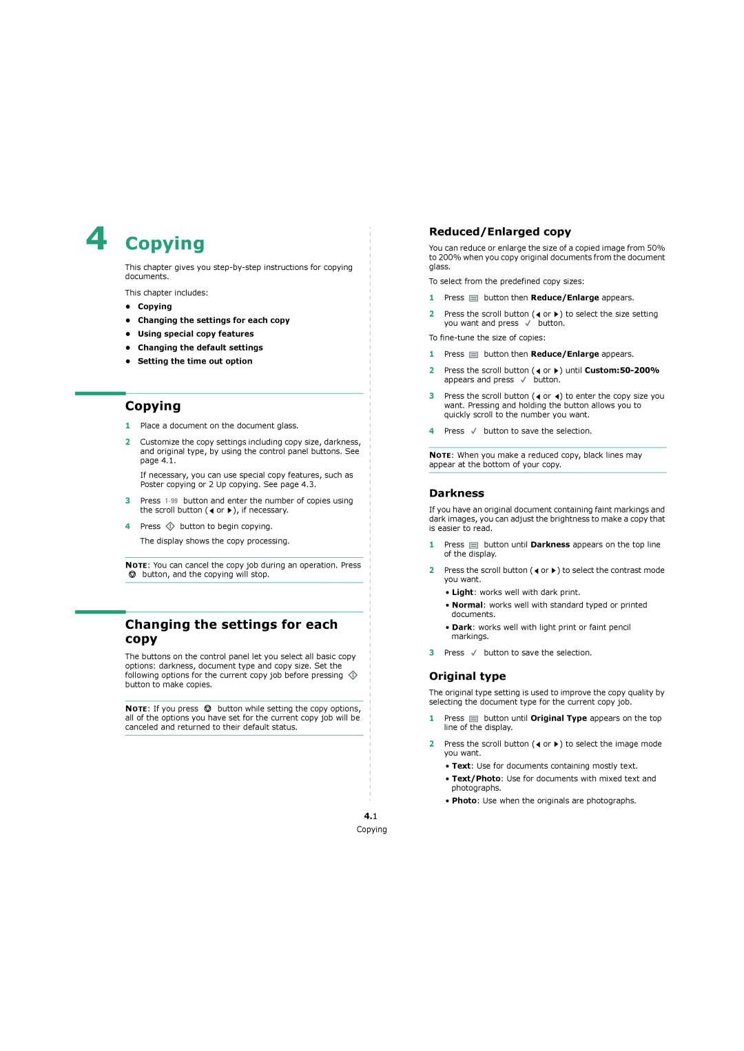 Xerox 3119 manual Copying, Changing the settings for each copy, Reduced/Enlarged copy, Darkness, Original type 