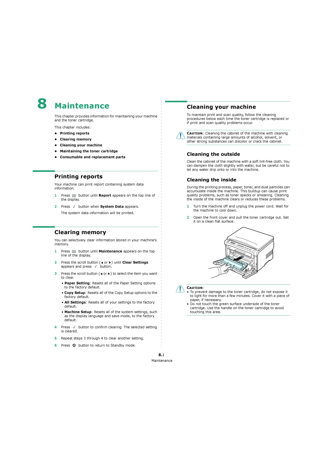 Xerox 3119 manual Maintenance, Printing reports, Clearing memory, Cleaning your machine, Cleaning the outside 