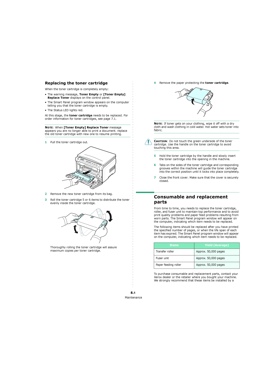 Xerox 3119 manual Consumable and replacement parts, Replacing the toner cartridge 