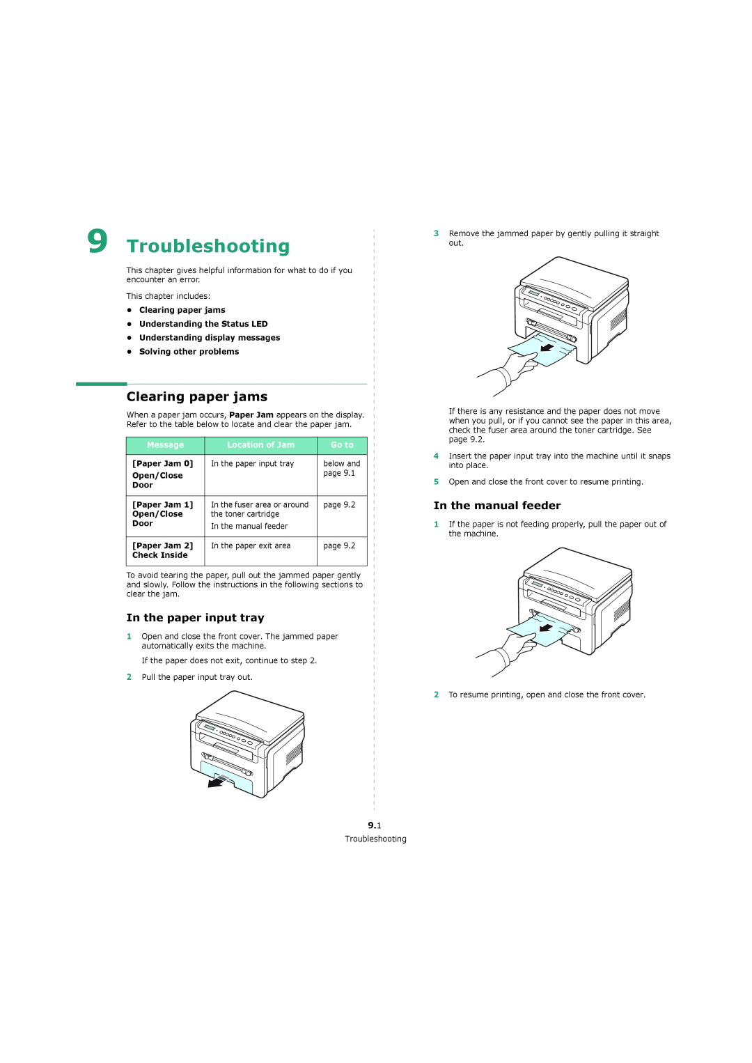 Xerox 3119 Troubleshooting, In the paper input tray, In the manual feeder, •Clearing paper jams, Paper Jam, Open/Close 