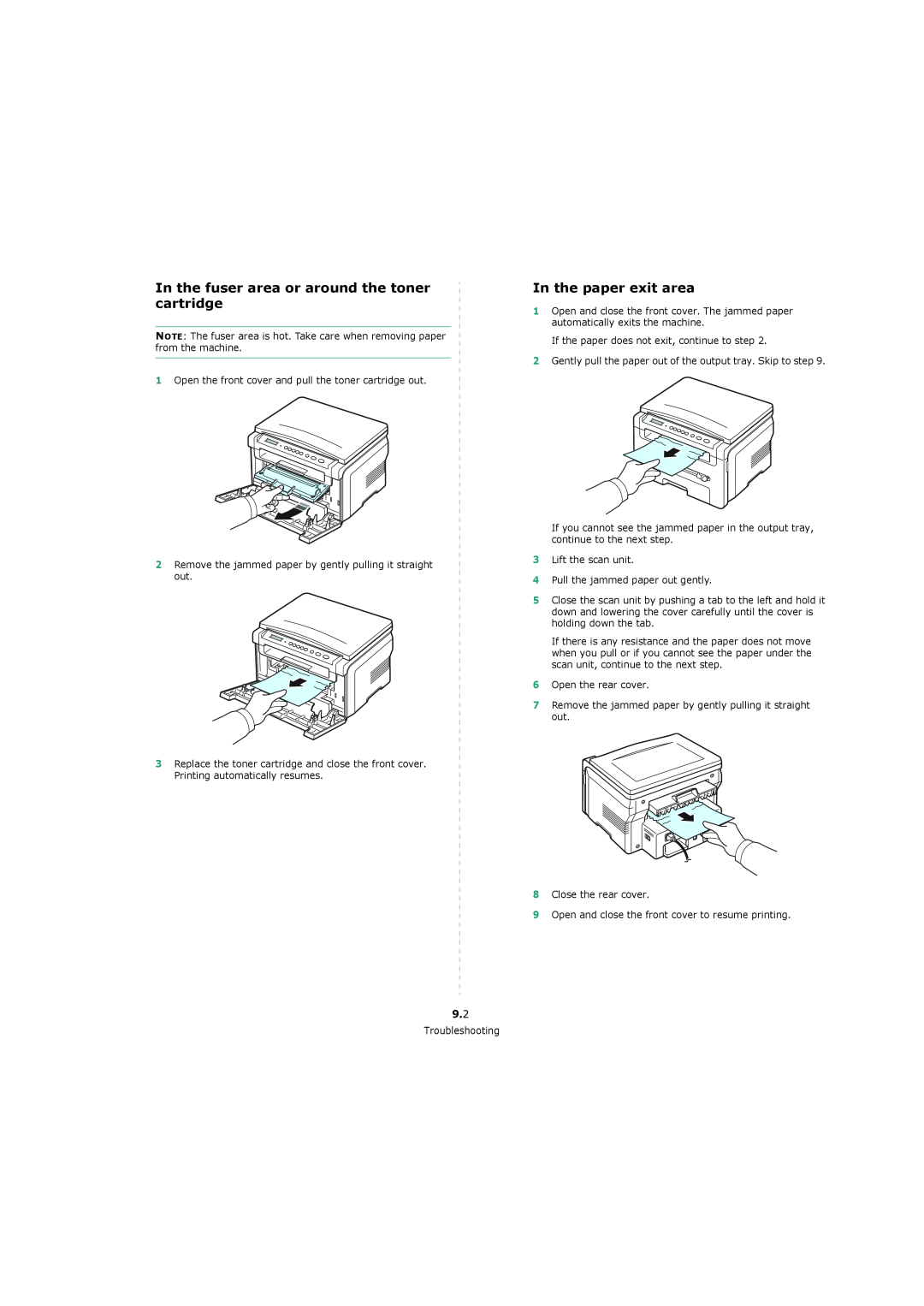 Xerox 3119 manual In the fuser area or around the toner cartridge, In the paper exit area 