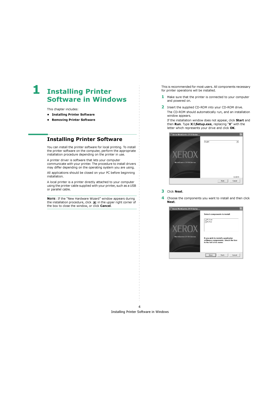 Xerox 3119 manual Installing Printer Software in Windows, •Installing Printer Software, •Removing Printer Software 
