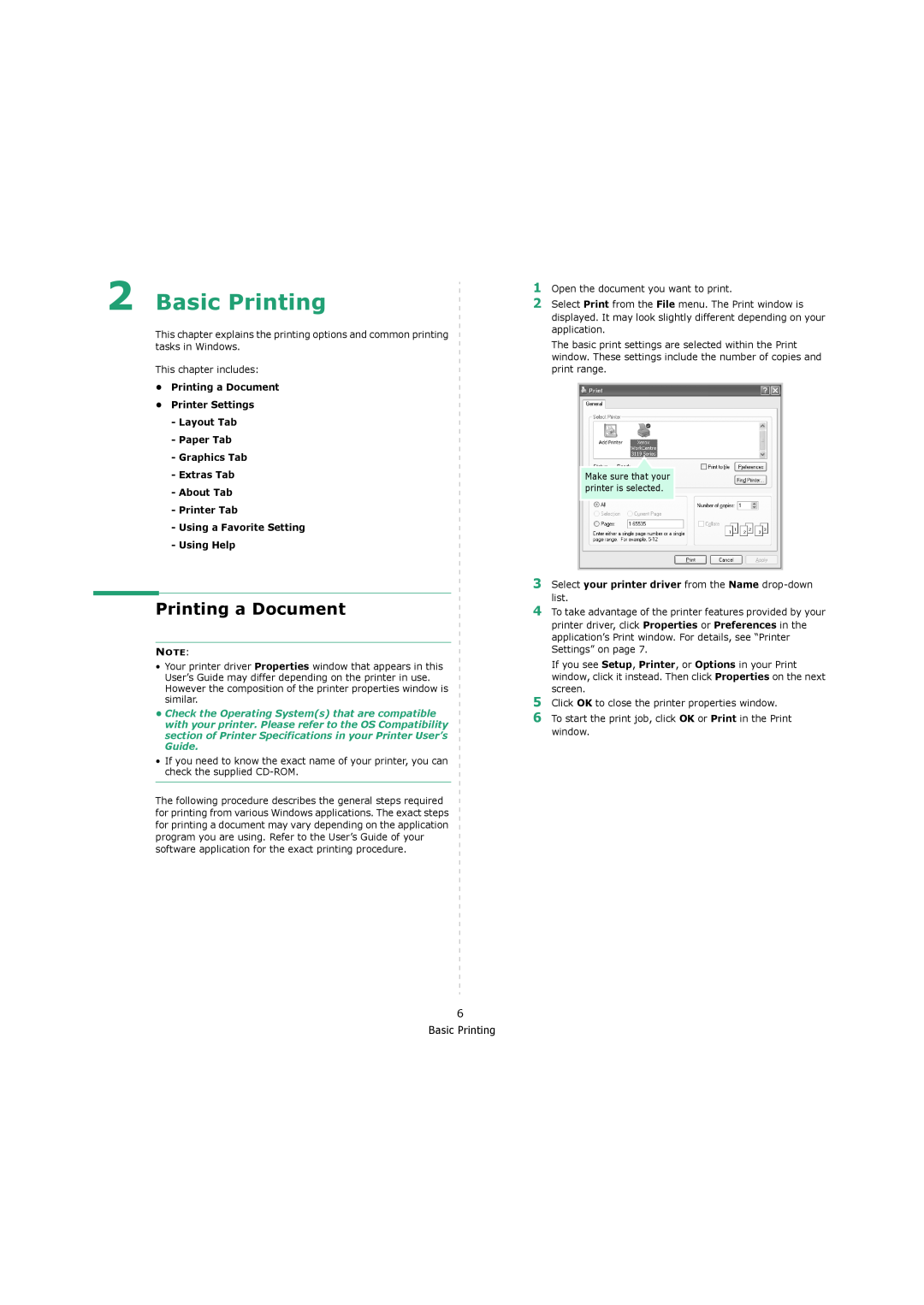 Xerox 3119 manual Basic Printing, 1 2 3 4 5 6, •Printing a Document •Printer Settings Layout Tab 