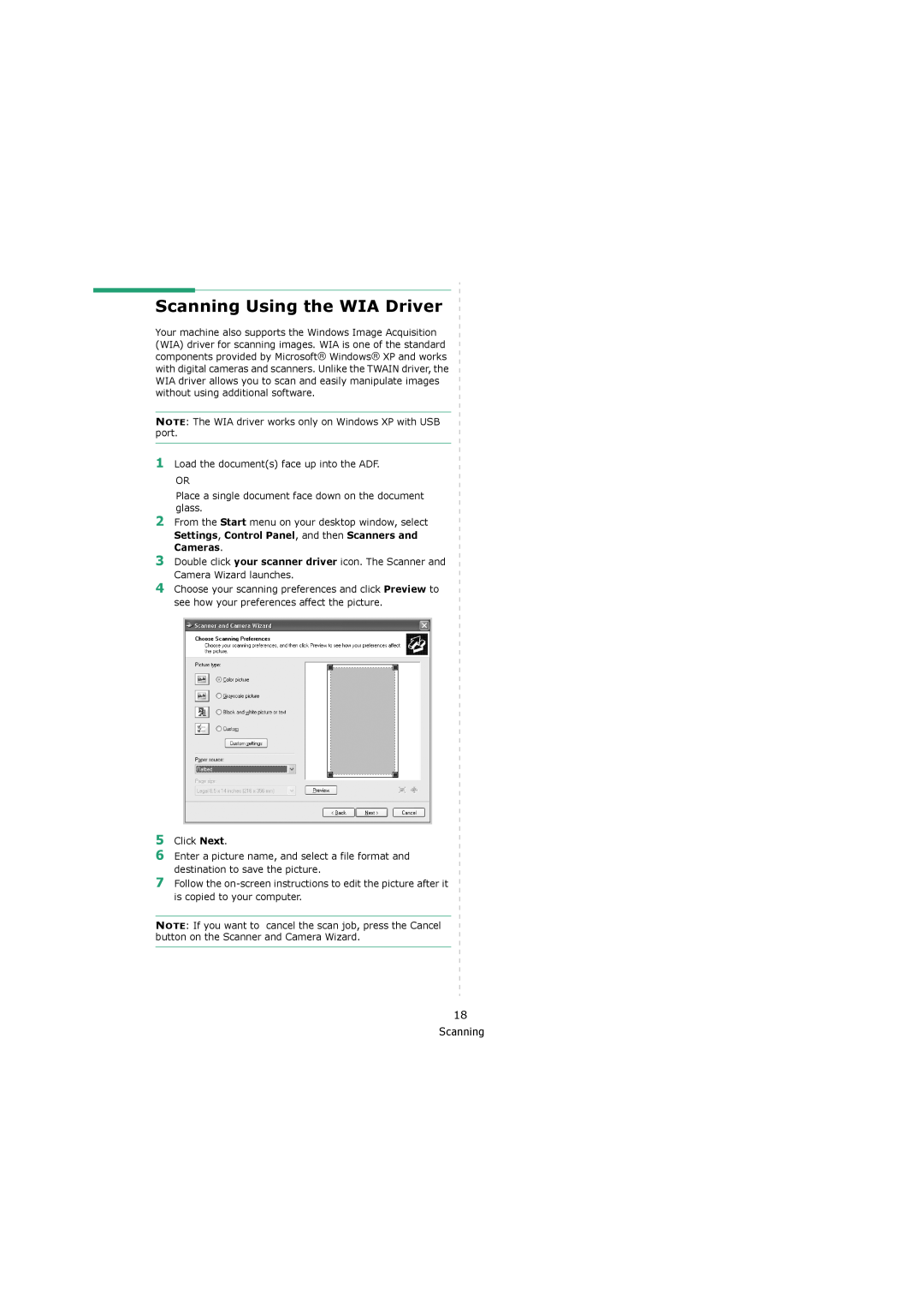 Xerox 3119 manual Scanning Using the WIA Driver, 1 2 3 4, 5 6 7 