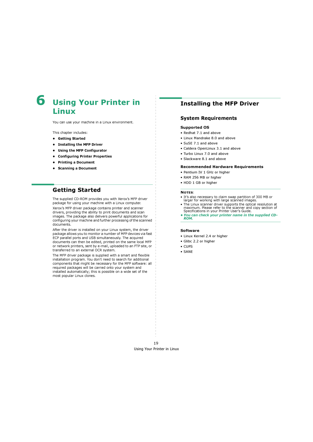 Xerox 3119 manual Using Your Printer in Linux, Installing the MFP Driver, Getting Started, System Requirements 
