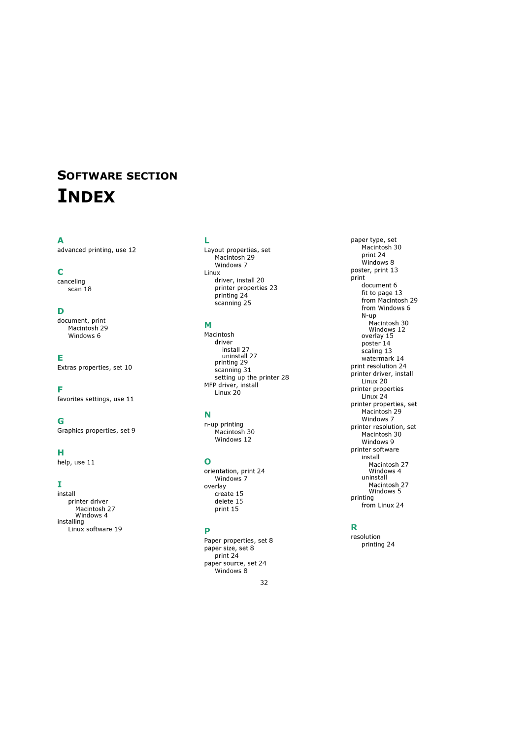 Xerox 3119 manual Index, Software Section 