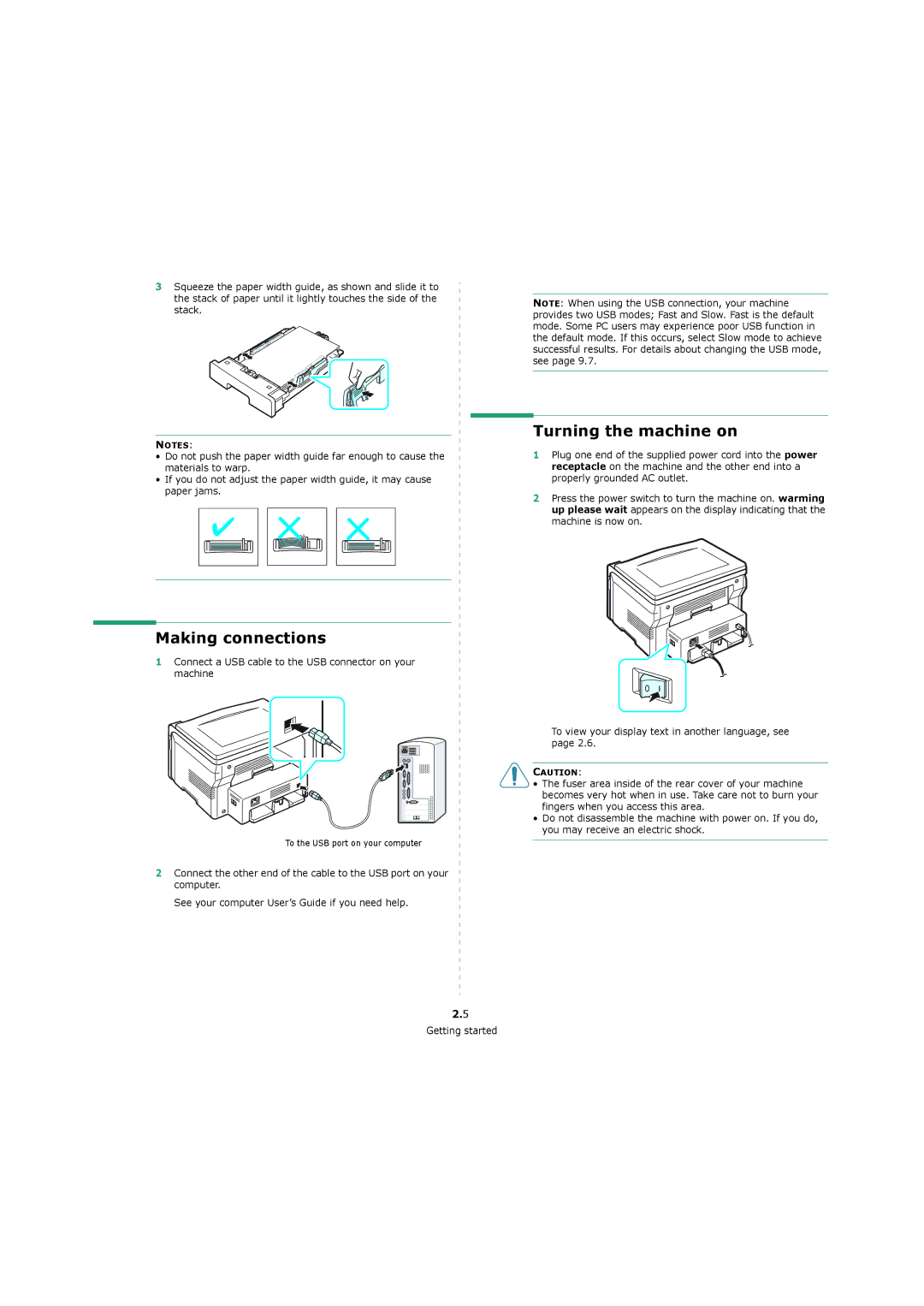 Xerox 3119 manual Making connections, Turning the machine on, Connect a USB cable to the USB connector on your machine 