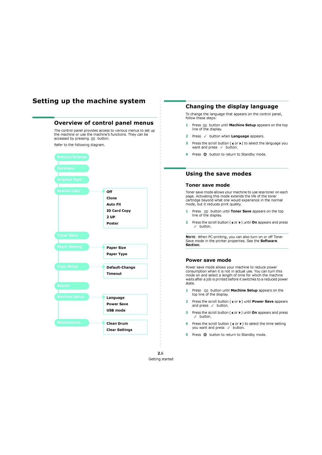 Xerox 3119 manual Overview of control panel menus, Changing the display language, Using the save modes, Toner save mode 