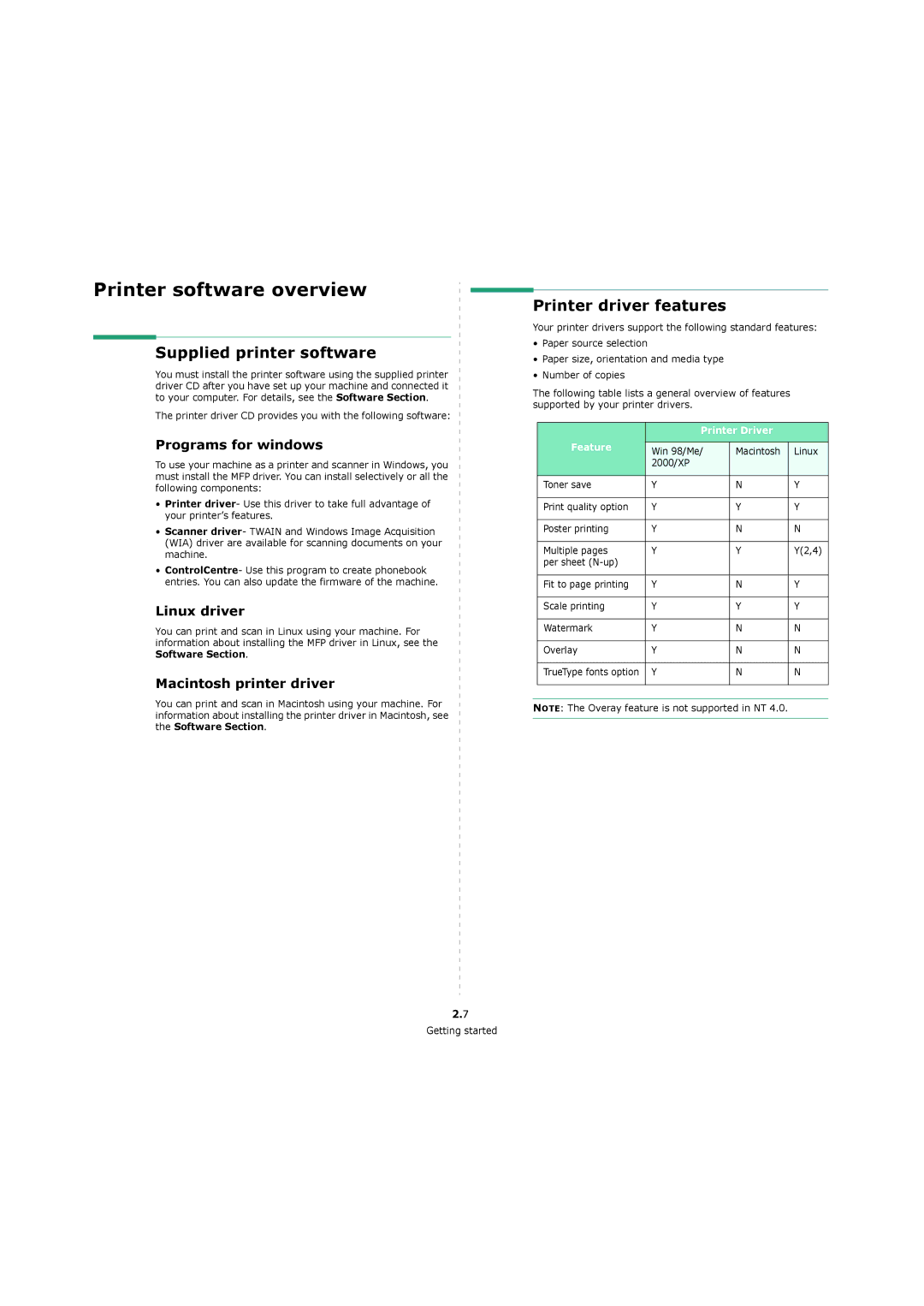 Xerox 3119 manual Supplied printer software, Printer driver features, Programs for windows, Linux driver 