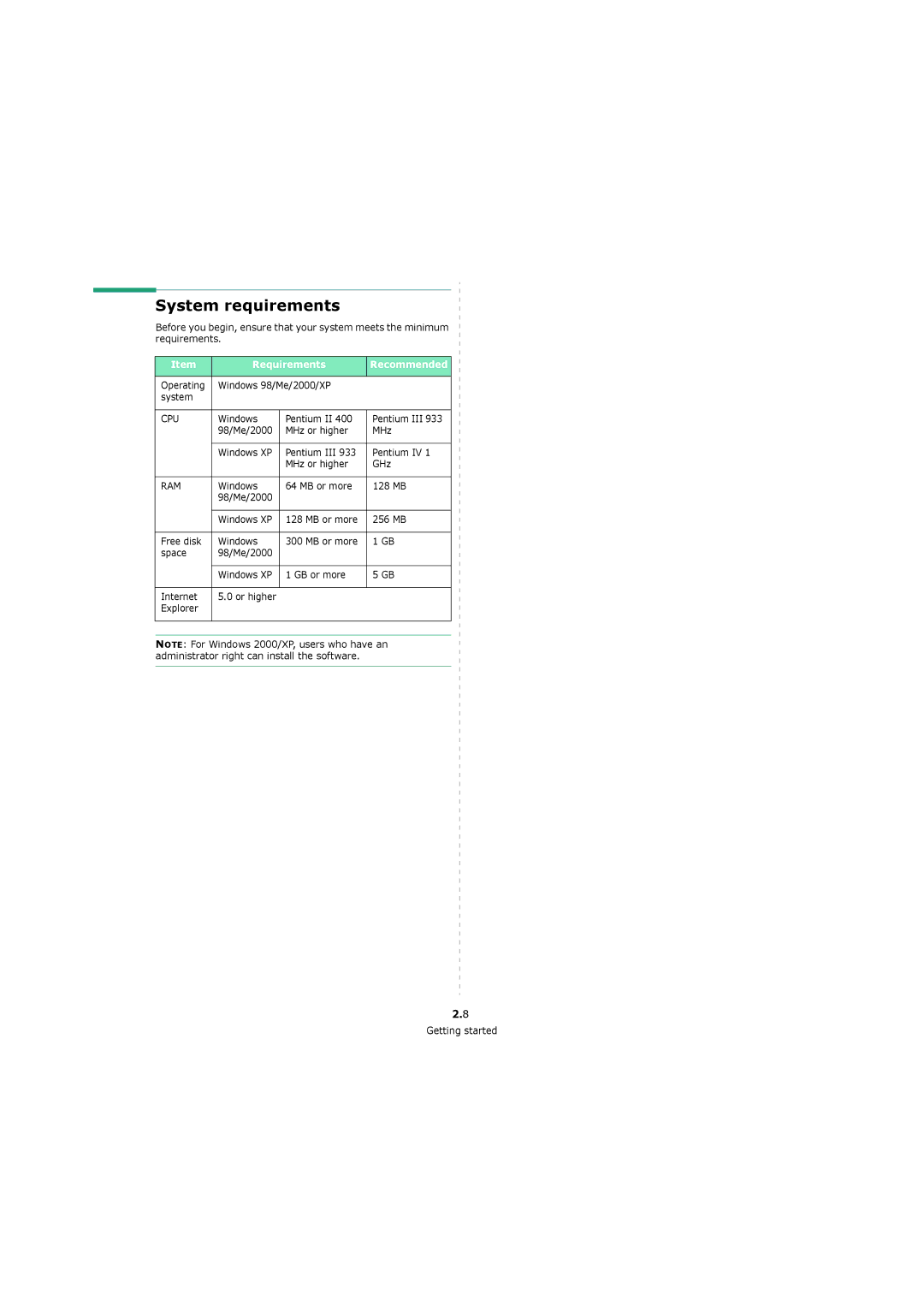 Xerox 3119 manual System requirements, Requirements Recommended 