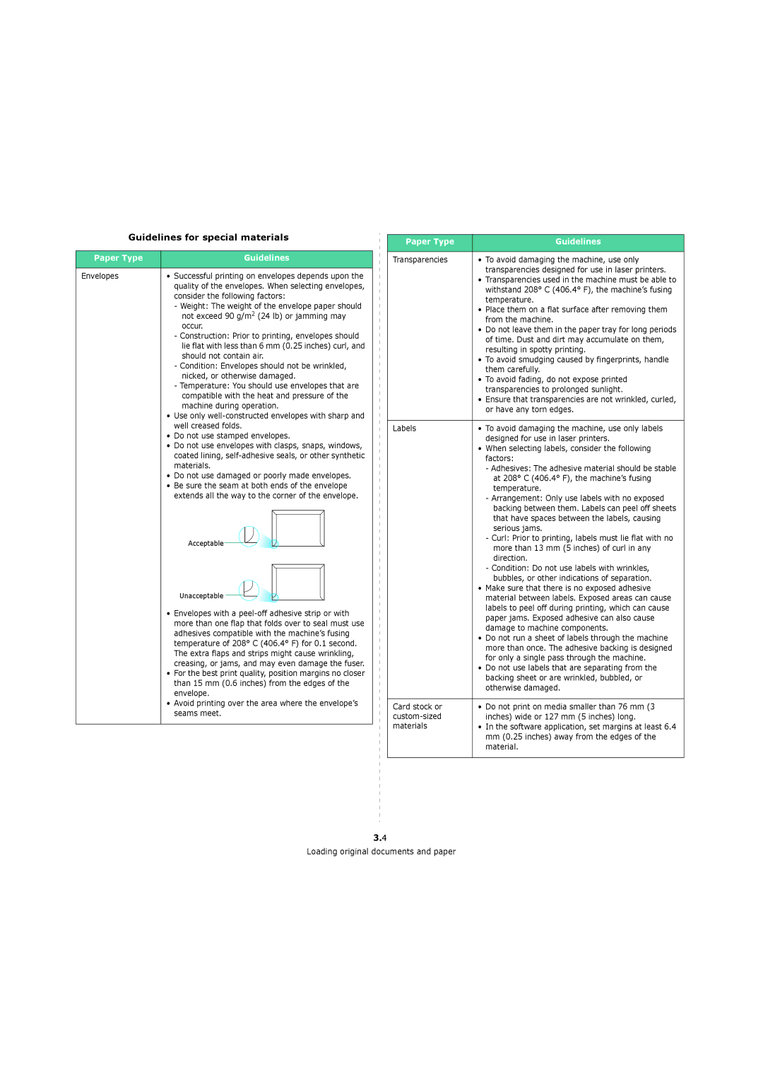 Xerox 3119 manual Guidelines for special materials, Paper Type Guidelines Envelopes, Consider the following factors 