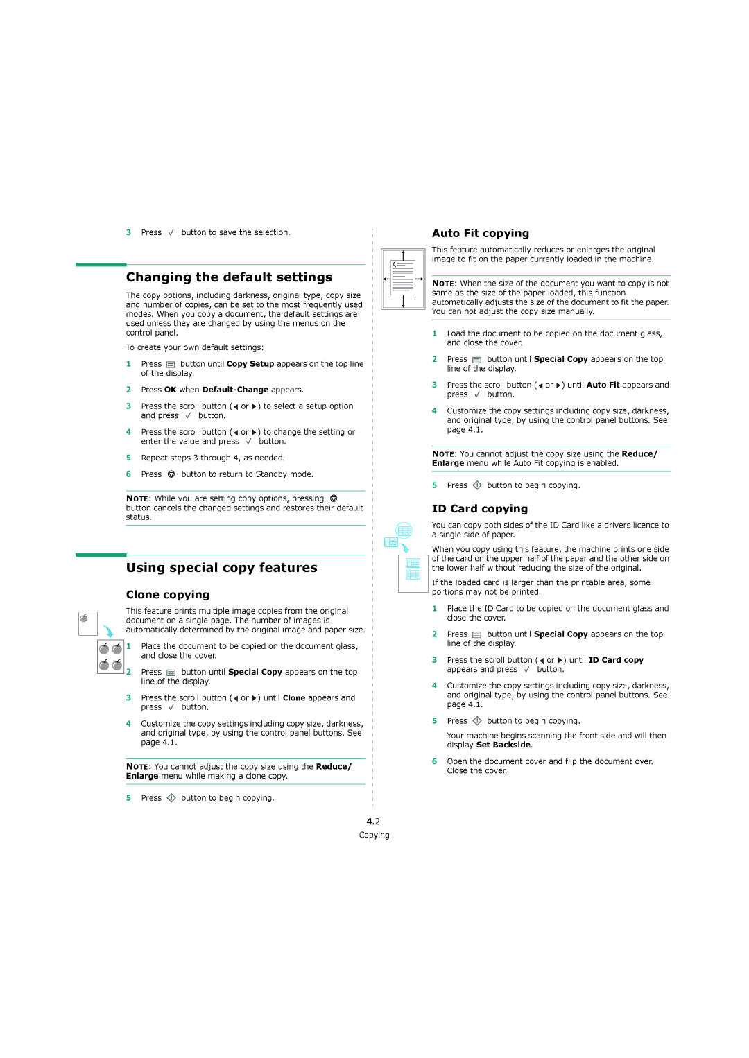 Xerox 3119 Changing the default settings, Using special copy features, Clone copying, Auto Fit copying, ID Card copying 