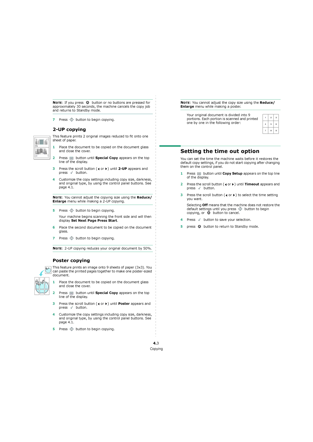 Xerox 3119 manual Setting the time out option, UP copying, Poster copying, Display, Press Button 