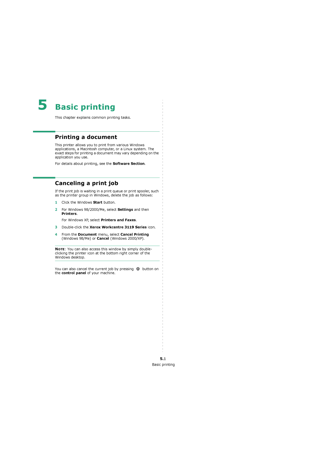 Xerox 3119 manual Basic printing, Printing a document, Canceling a print job, This chapter explains common printing tasks 