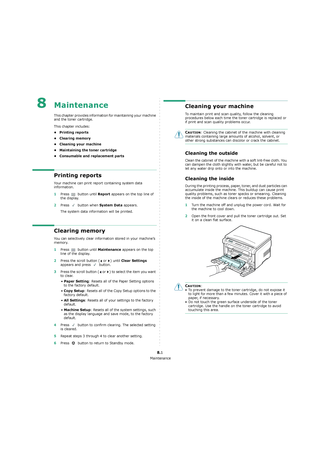 Xerox 3119 manual Maintenance, Printing reports, Clearing memory, Cleaning your machine 