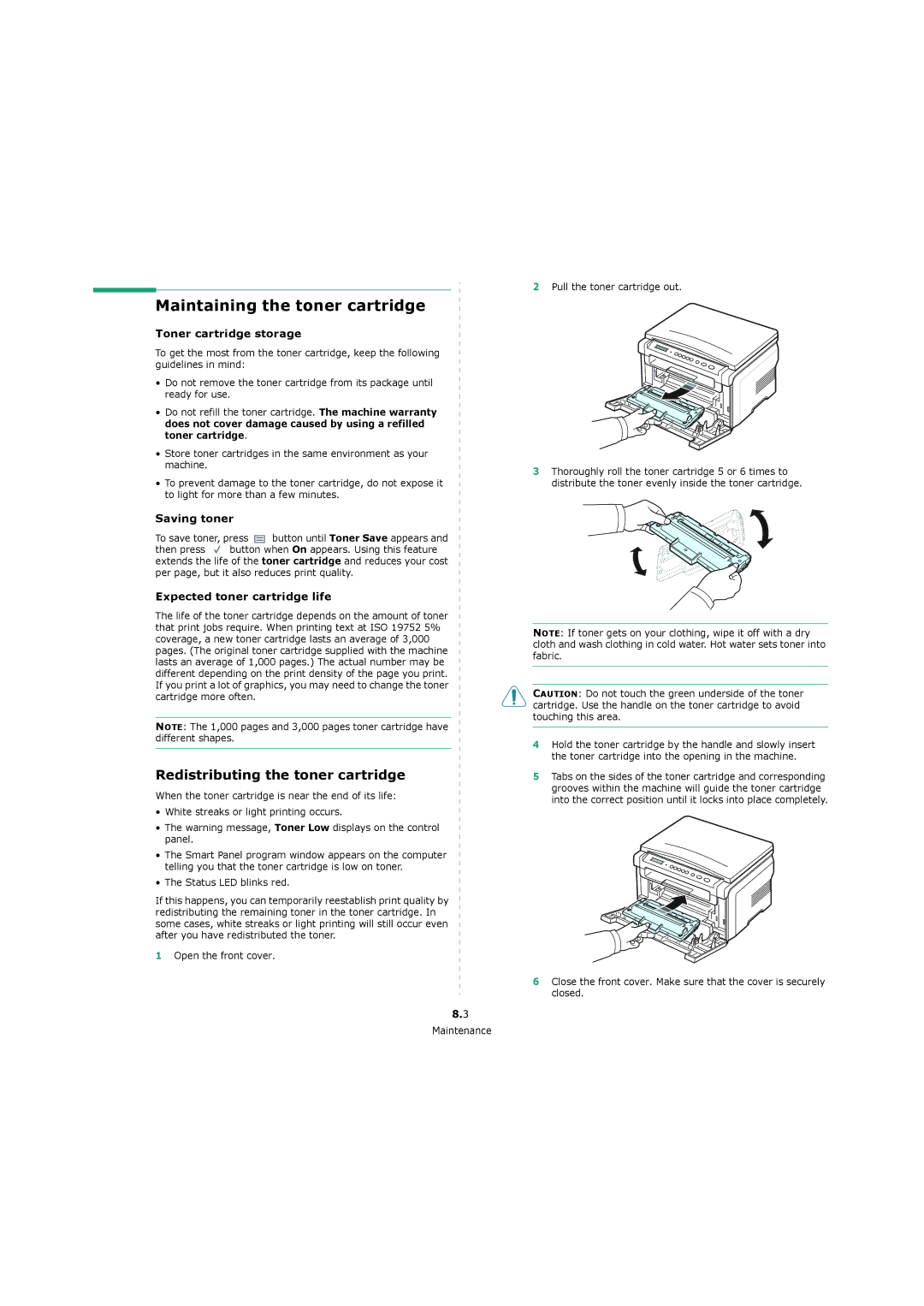 Xerox 3119 Maintaining the toner cartridge, Redistributing the toner cartridge, Toner cartridge storage, Saving toner 