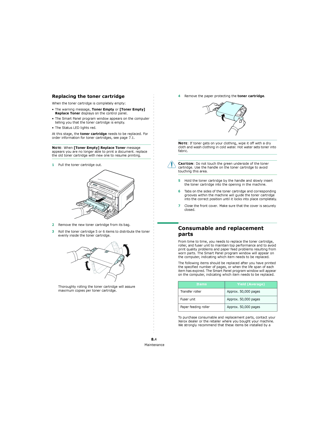 Xerox 3119 manual Consumable and replacement parts, Replacing the toner cartridge, Items Yield Average 