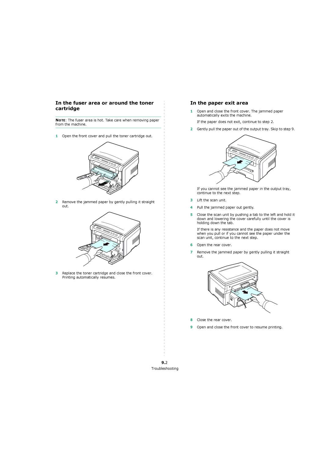 Xerox 3119 manual Fuser area or around the toner cartridge, Paper exit area 