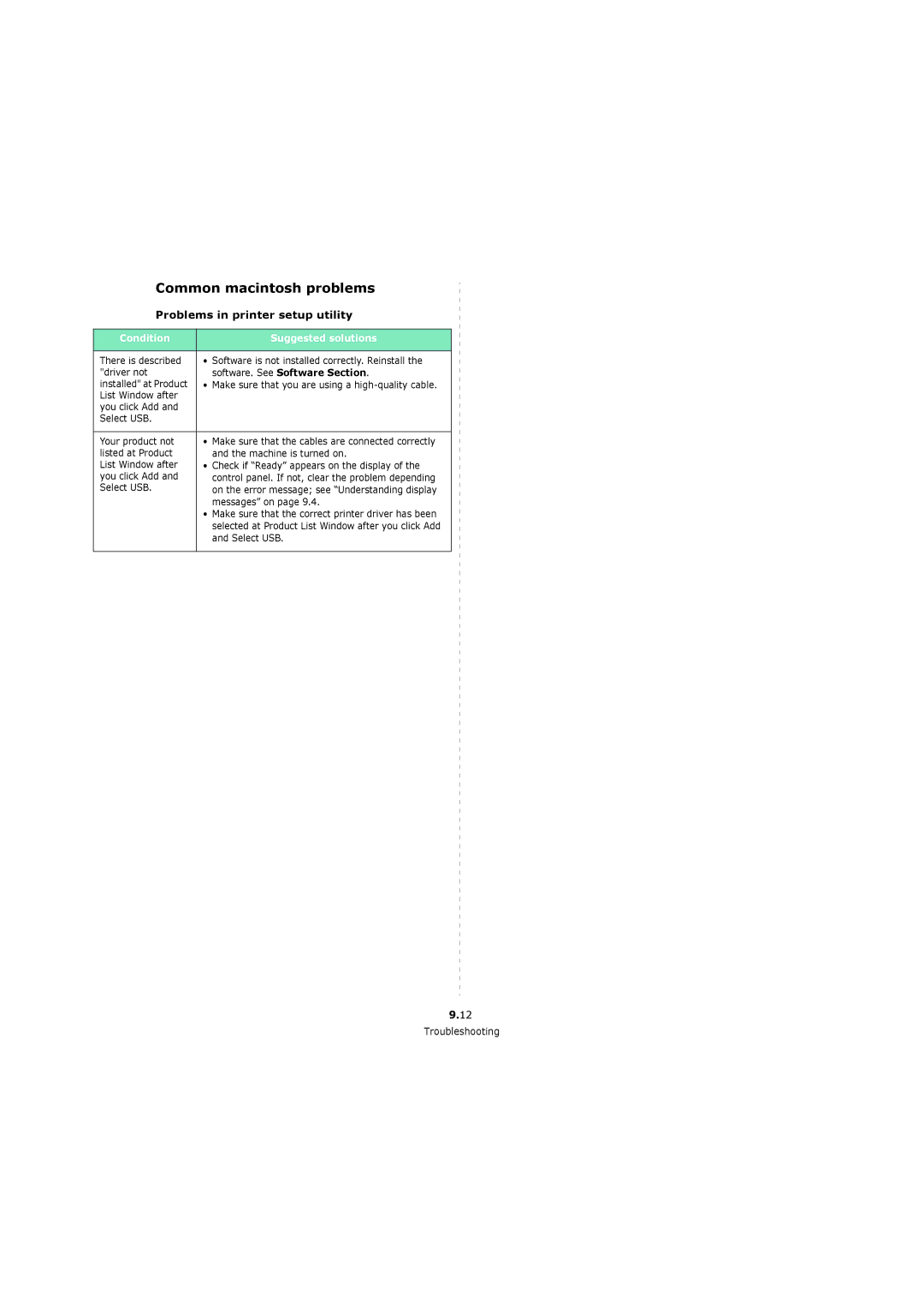 Xerox 3119 manual Common macintosh problems, Problems in printer setup utility, Software. See Software Section 