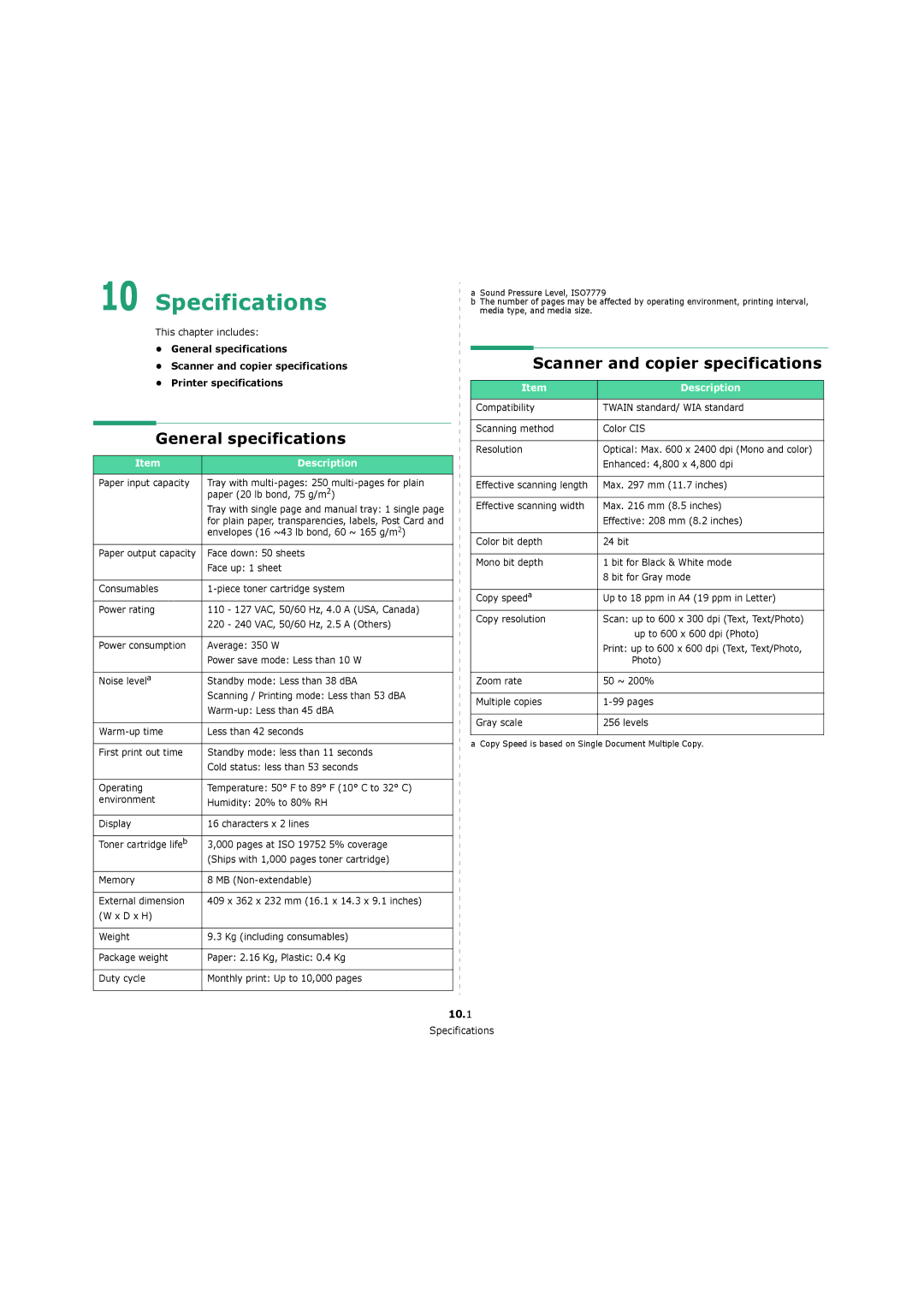 Xerox 3119 manual Specifications, General specifications, Scanner and copier specifications, 10.1 