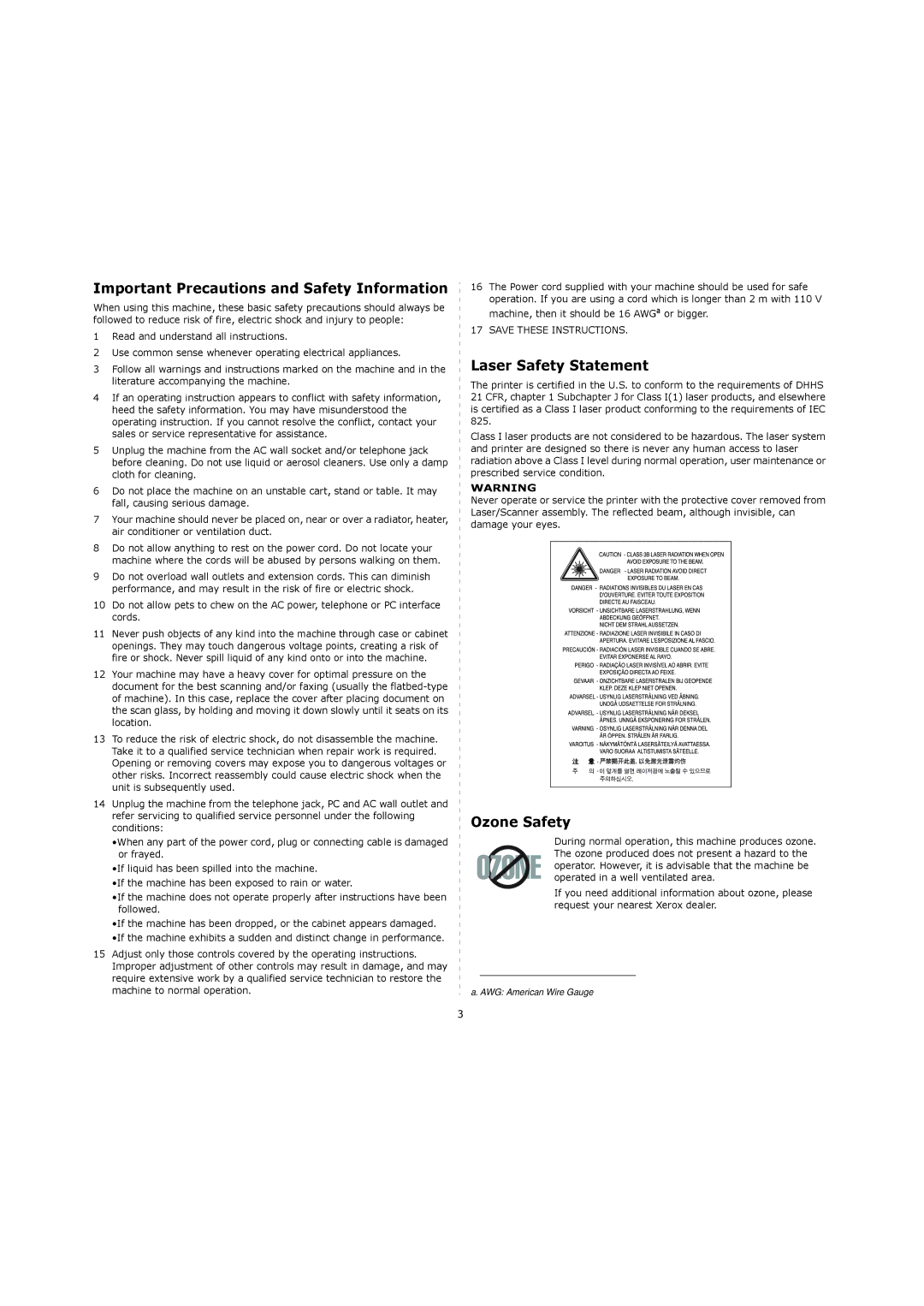 Xerox 3119 manual Important Precautions and Safety Information, Laser Safety Statement, Ozone Safety 