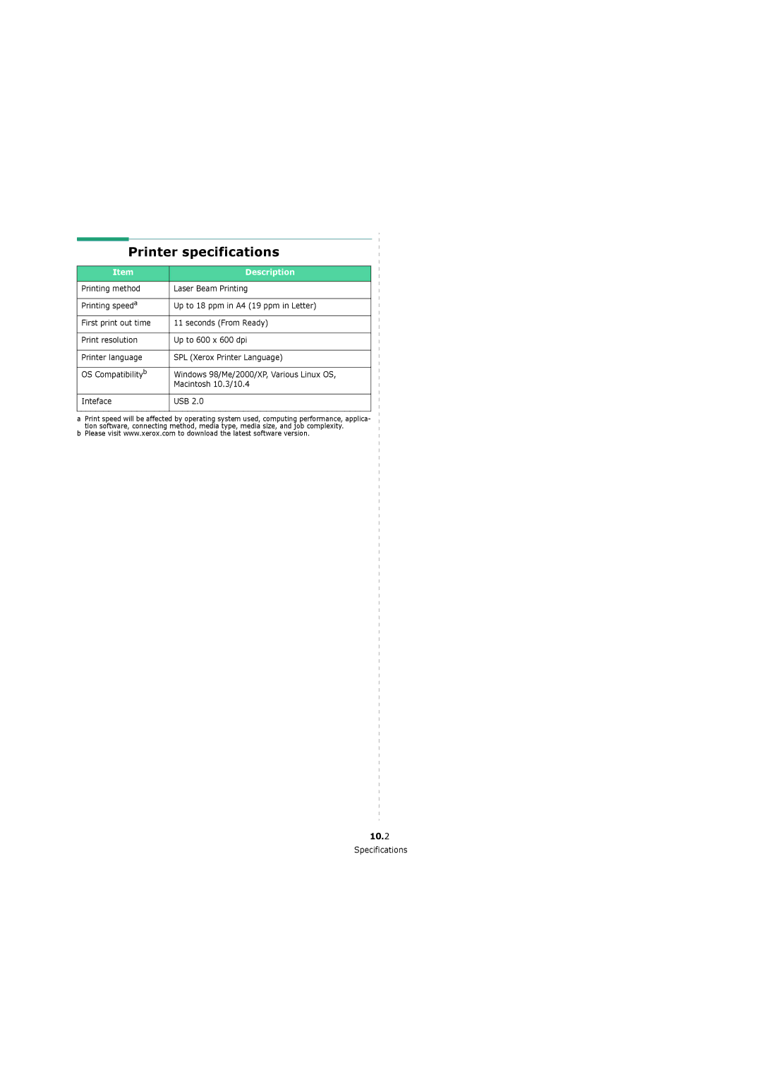 Xerox 3119 manual Printer specifications, 10.2 