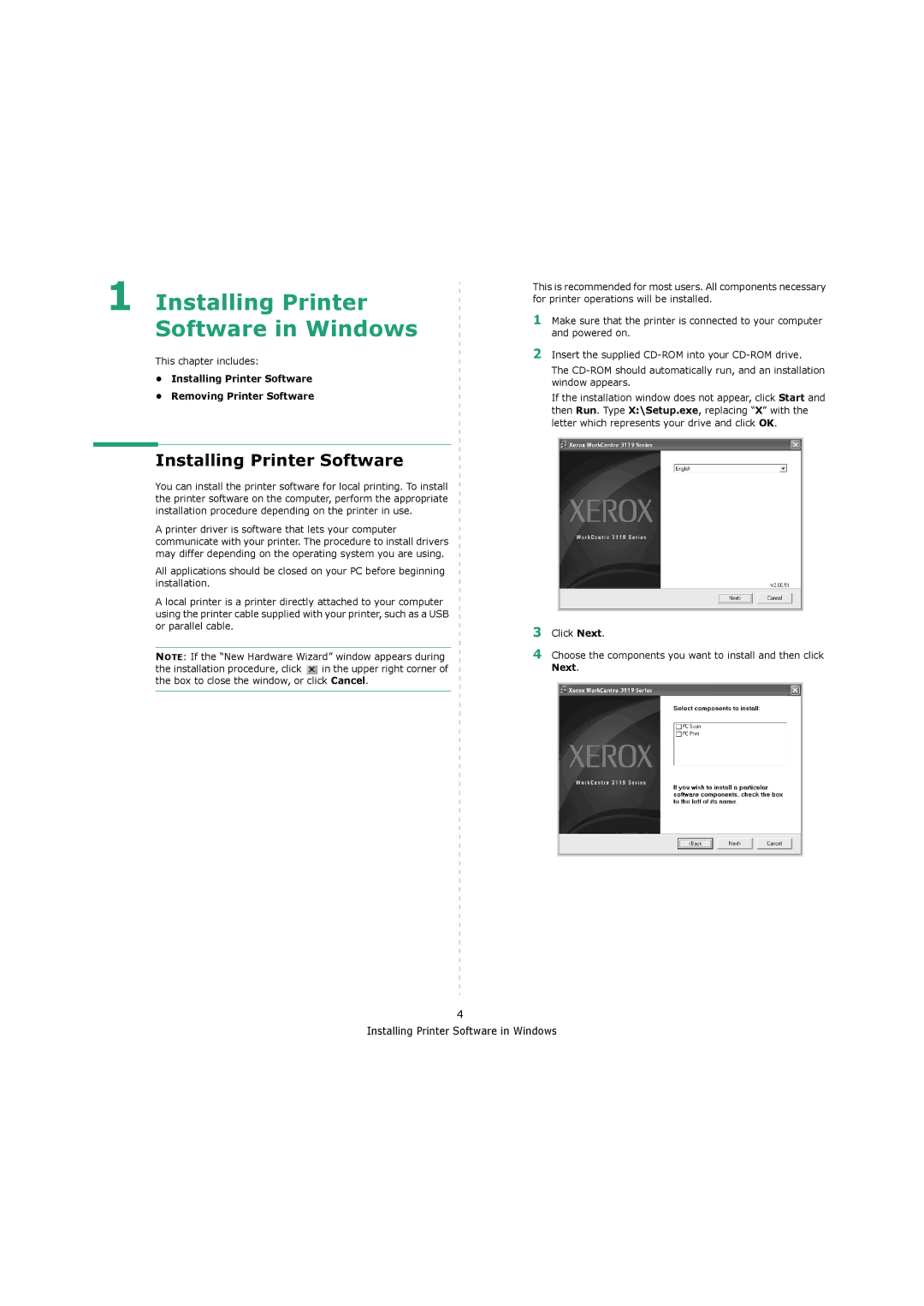 Xerox 3119 manual Installing Printer Software in Windows, Installing Printer Software Removing Printer Software 